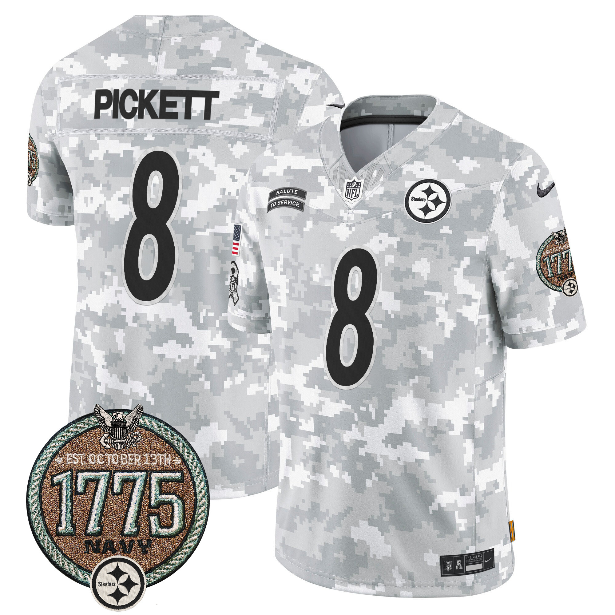 Men's Kenny Pickett Pittsburgh Steelers 2024 Salute to Service Establishment Year Patch Vapor Limited Navy Jersey - All Stitched
