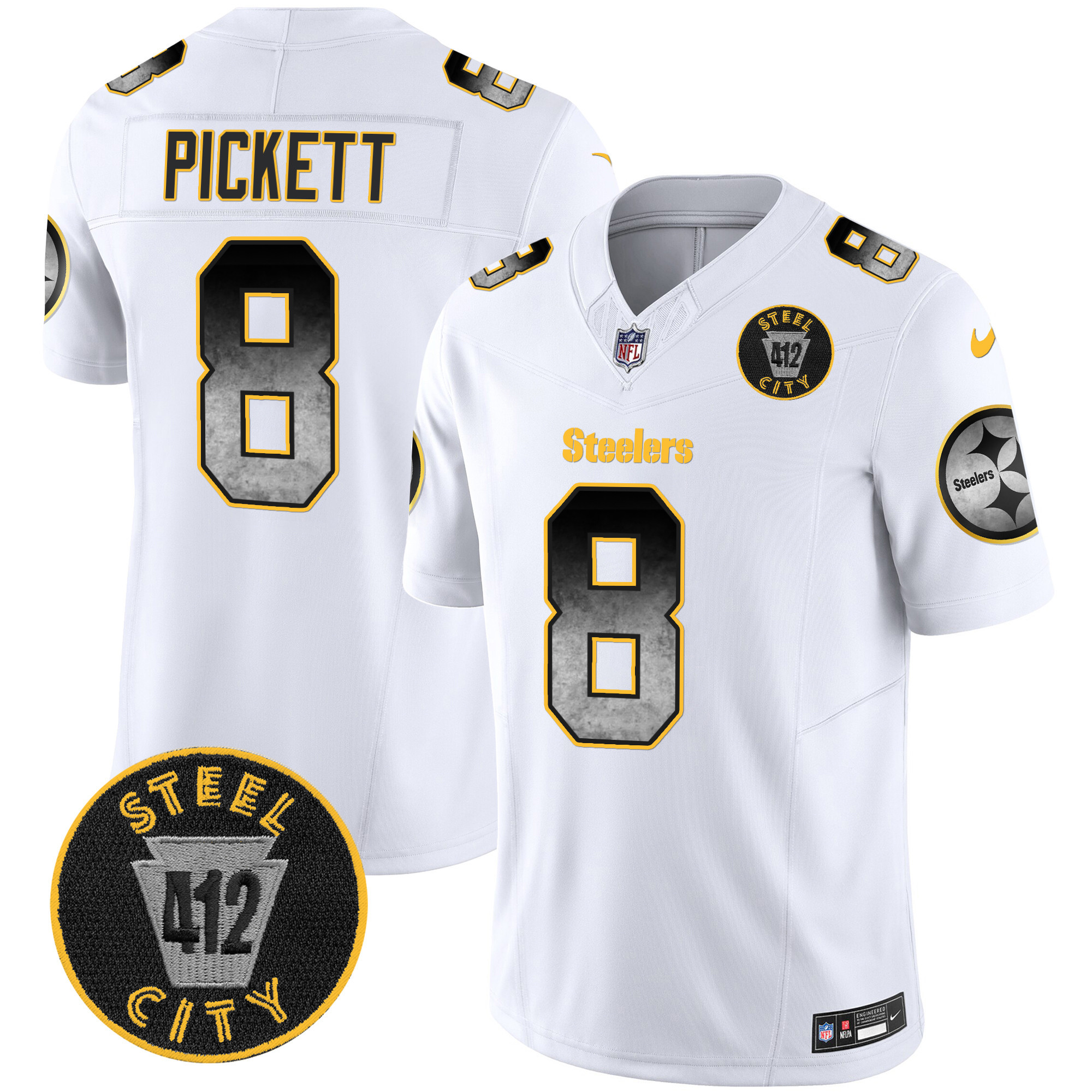 Men's Kenny Pickett Pittsburgh Steelers Arch Smoke 412 Patch Vapor Limited White Jersey - All Stitched