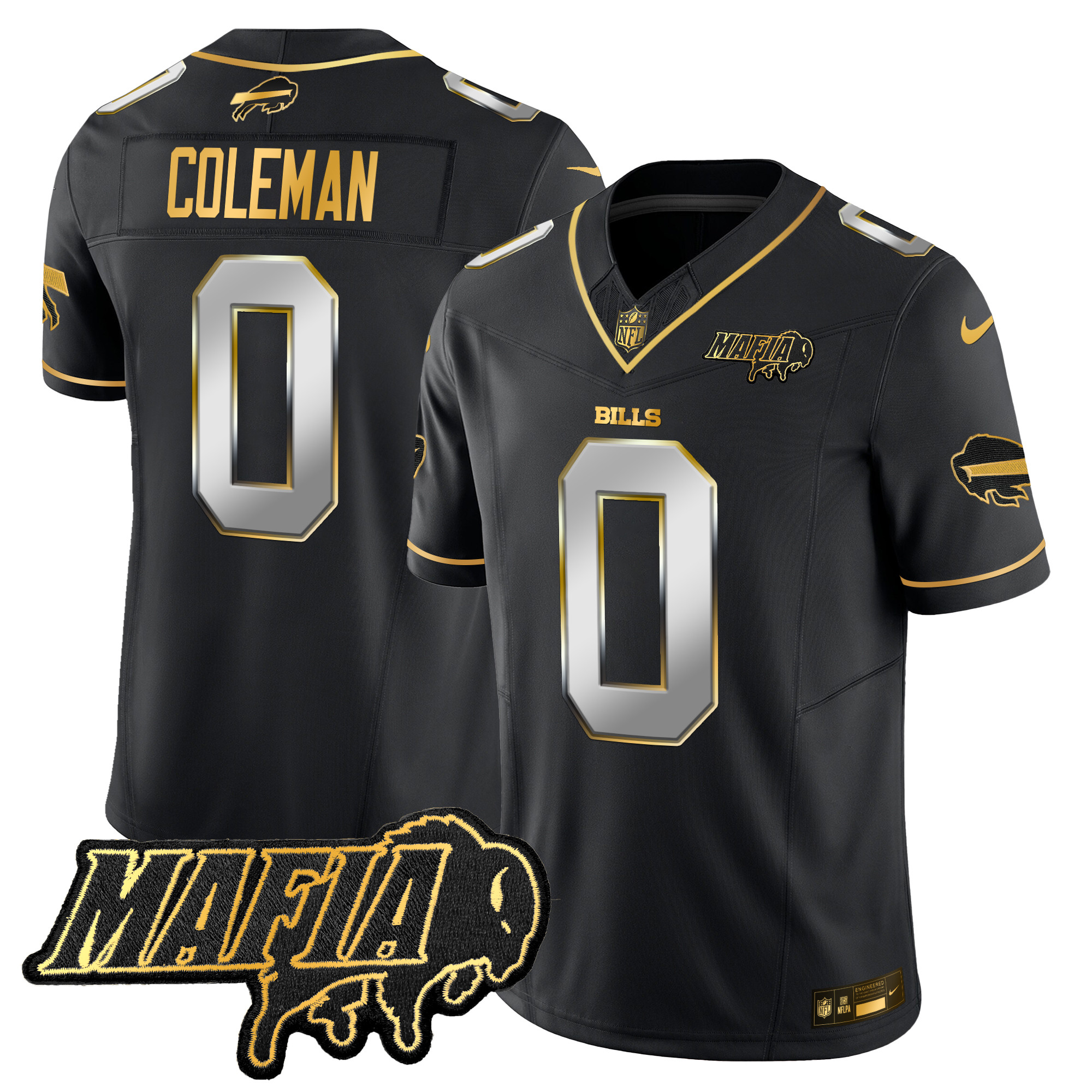 Men's Keon Coleman Buffalo Bills 2024 Buffalo Bills Mafia Patch Gold Vapor Limited Black Limited Jersey - All Stitched