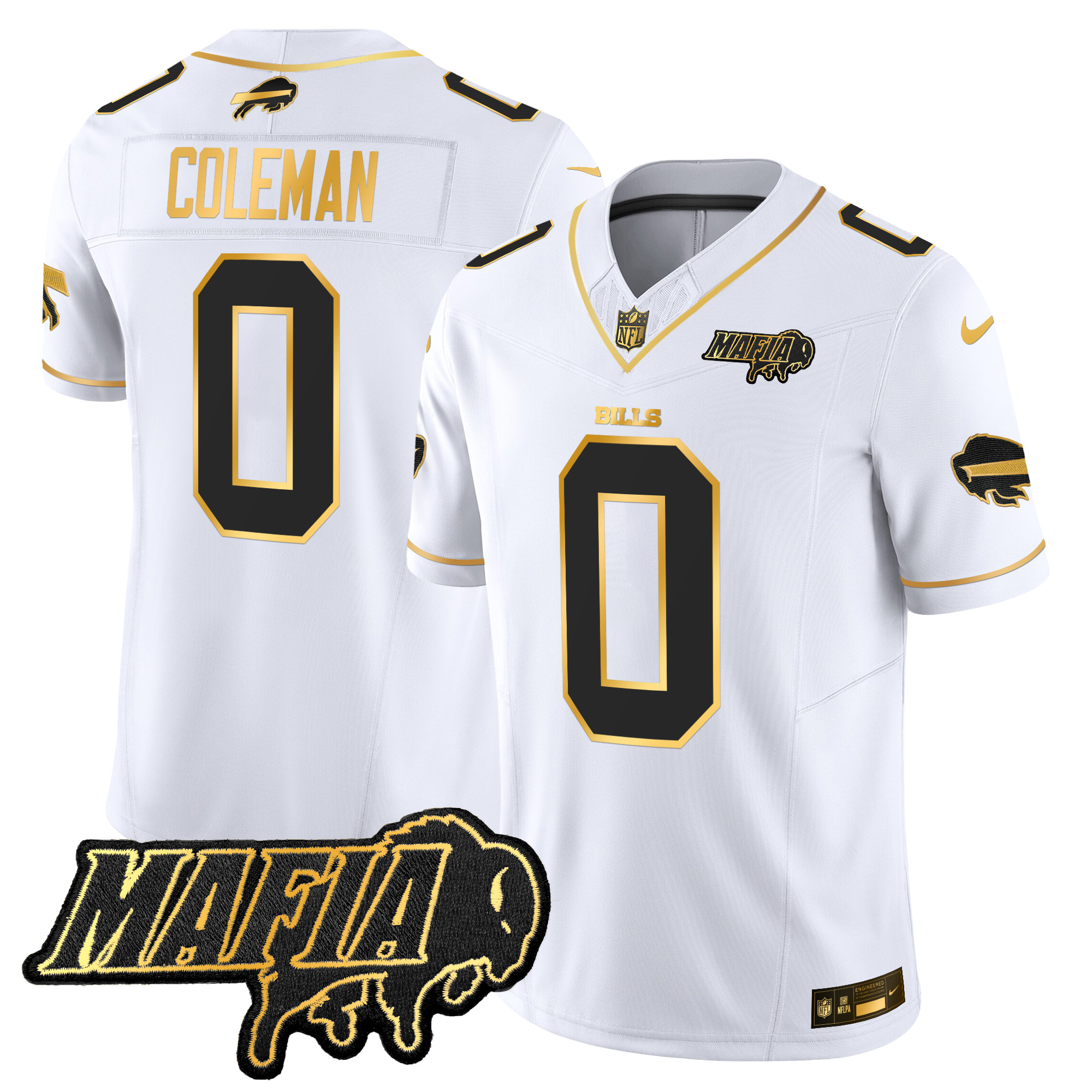 Men's Keon Coleman Buffalo Bills 2024 Buffalo Bills Mafia Patch Gold Vapor Limited White Gold Jersey - All Stitched