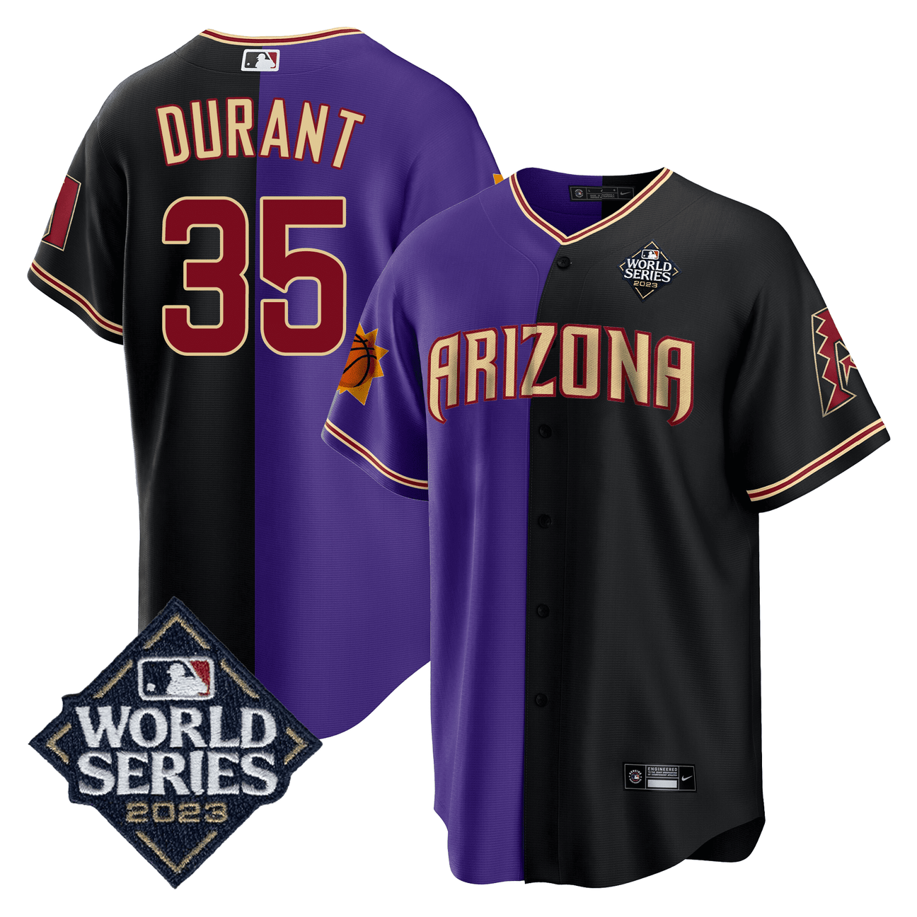 Men's Kevin Durant Split Arizona Dbacks - Suns 2023 World Series Patch Jersey - All Stitched - Black Purple