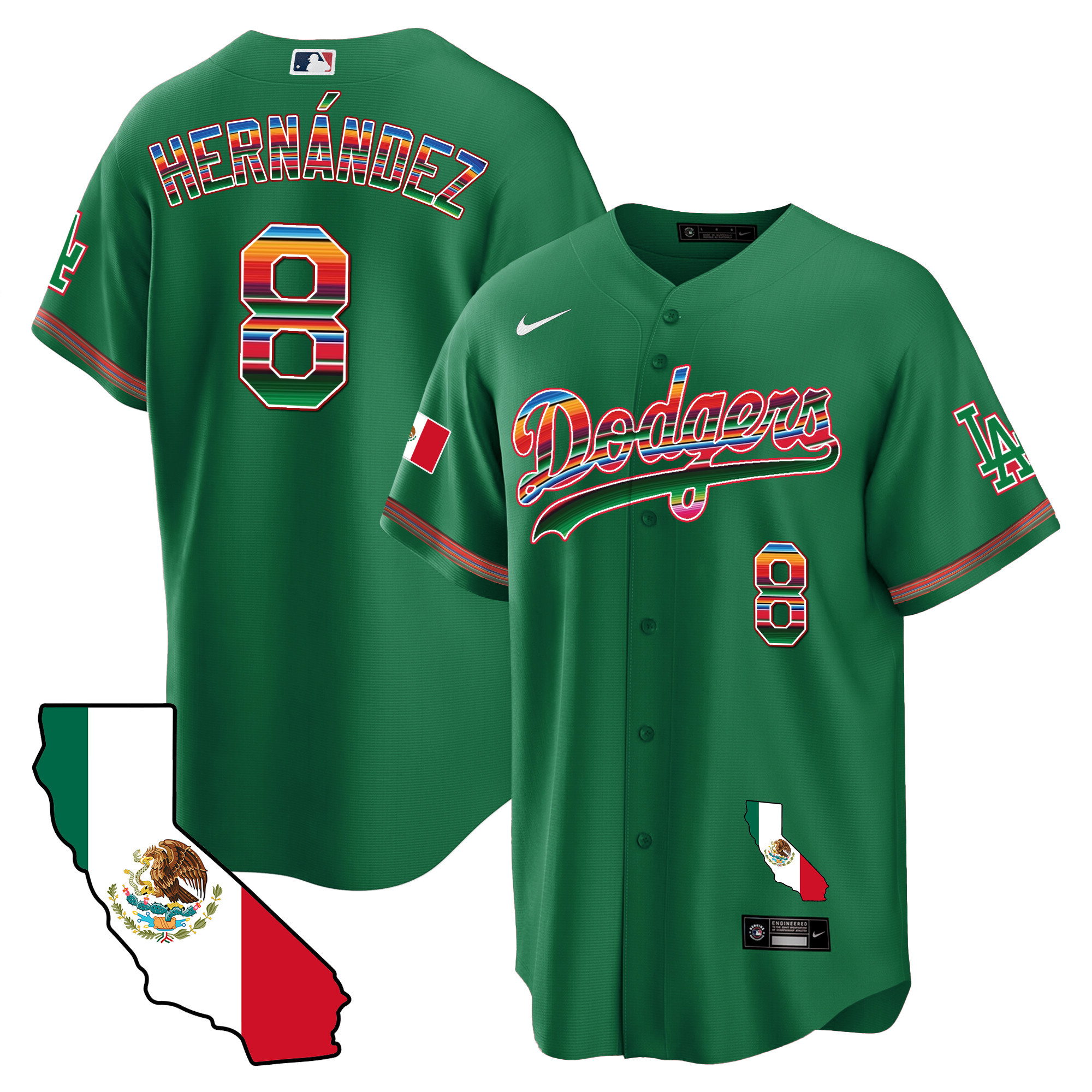 Men's Kike Hernandez Los Angeles Dodgers Mexico California Map Cool Base Green Jersey - All Stitched