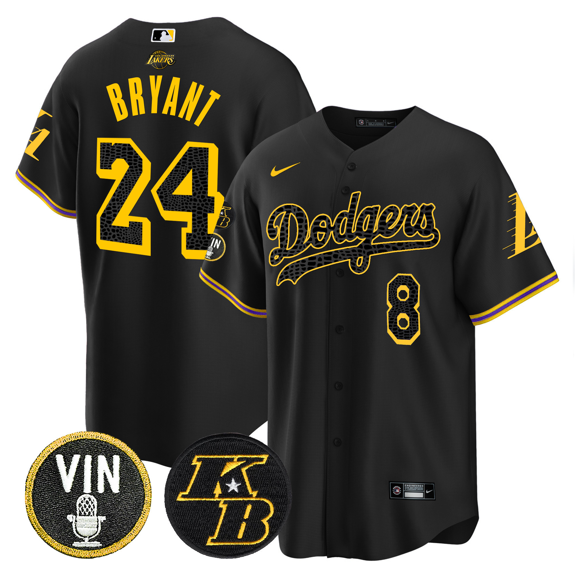 Men's Kobe Bryant Los Angeles Dodgers Bryant & Vin Patch Cool Base Mamba Black Jersey - All Stitched