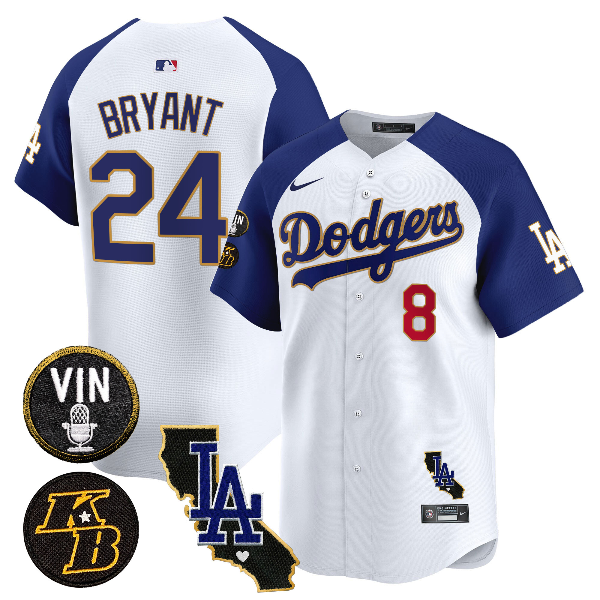 Men's Kobe Bryant Los Angeles Dodgers Vin & Kobe Patch Gold Trim Vapor Premier Limited White Alternate Jersey V2 - All Stitched