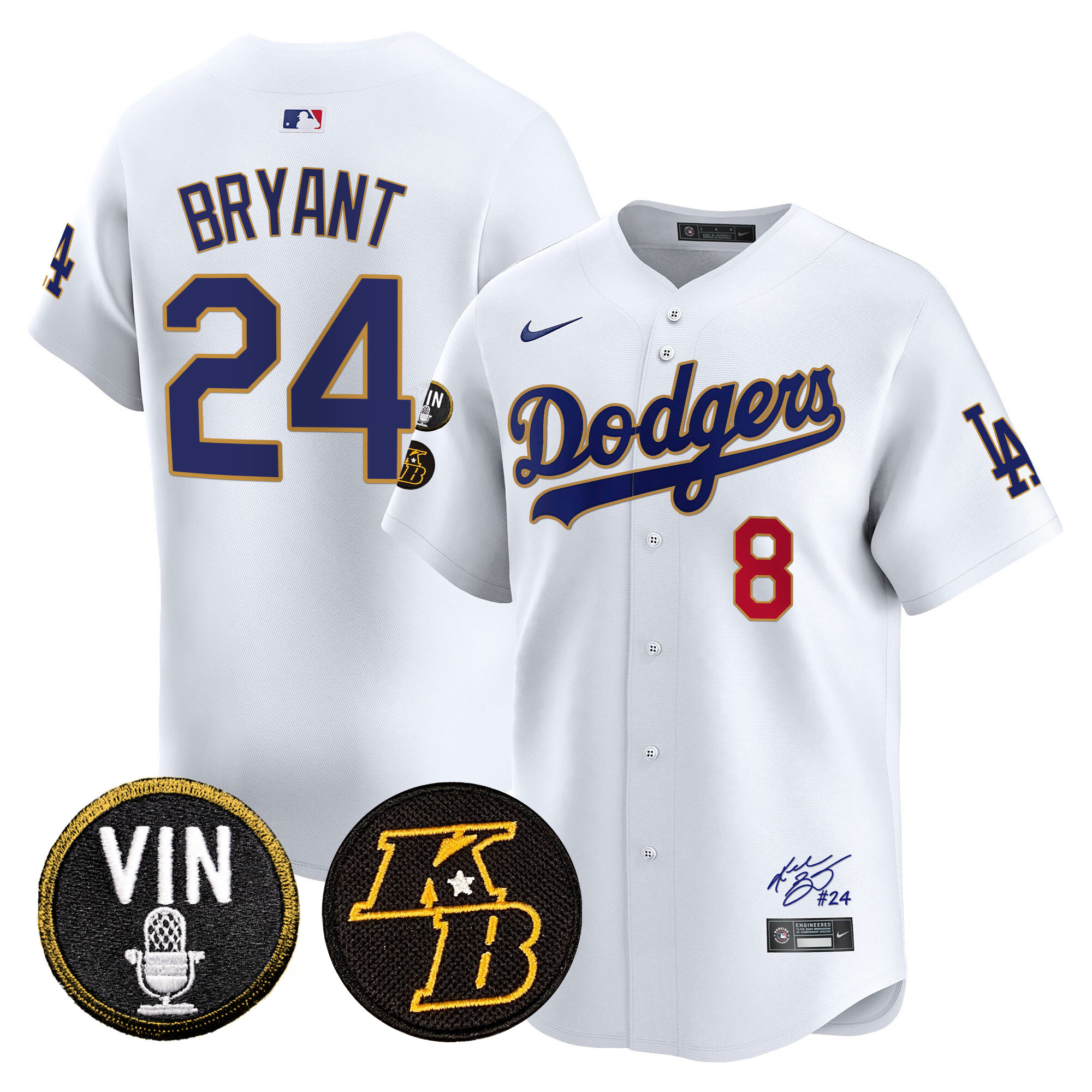 Men's Kobe Bryant Los Angeles Dodgers Vin Patch & Kobe Bryant Signature Vapor Premier Limited White Jersey - All Stitched