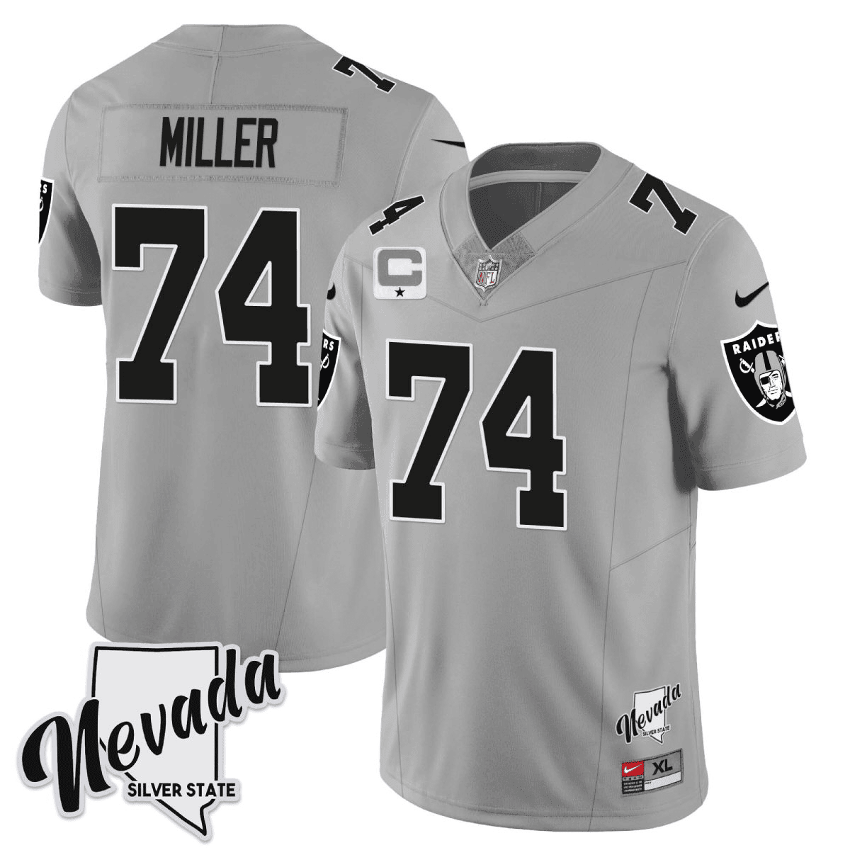 Men's Kolton Miller Las Vegas Raiders 2023 Nevada Silver State Patch Vapor Silver Jersey – All Stitched