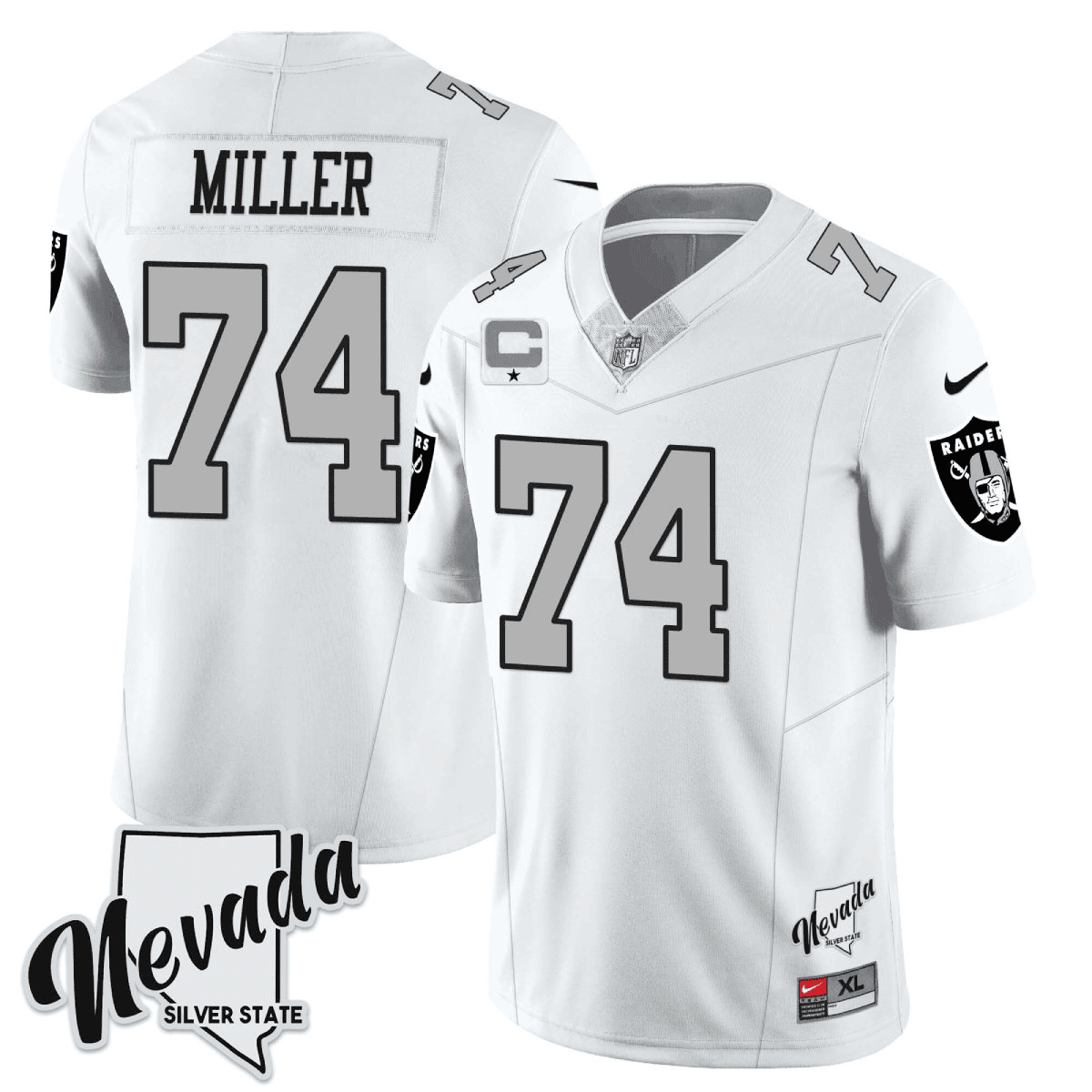 Men's Kolton Miller Las Vegas Raiders 2023 Nevada Silver State Patch Vapor White Silver Jersey – All Stitched