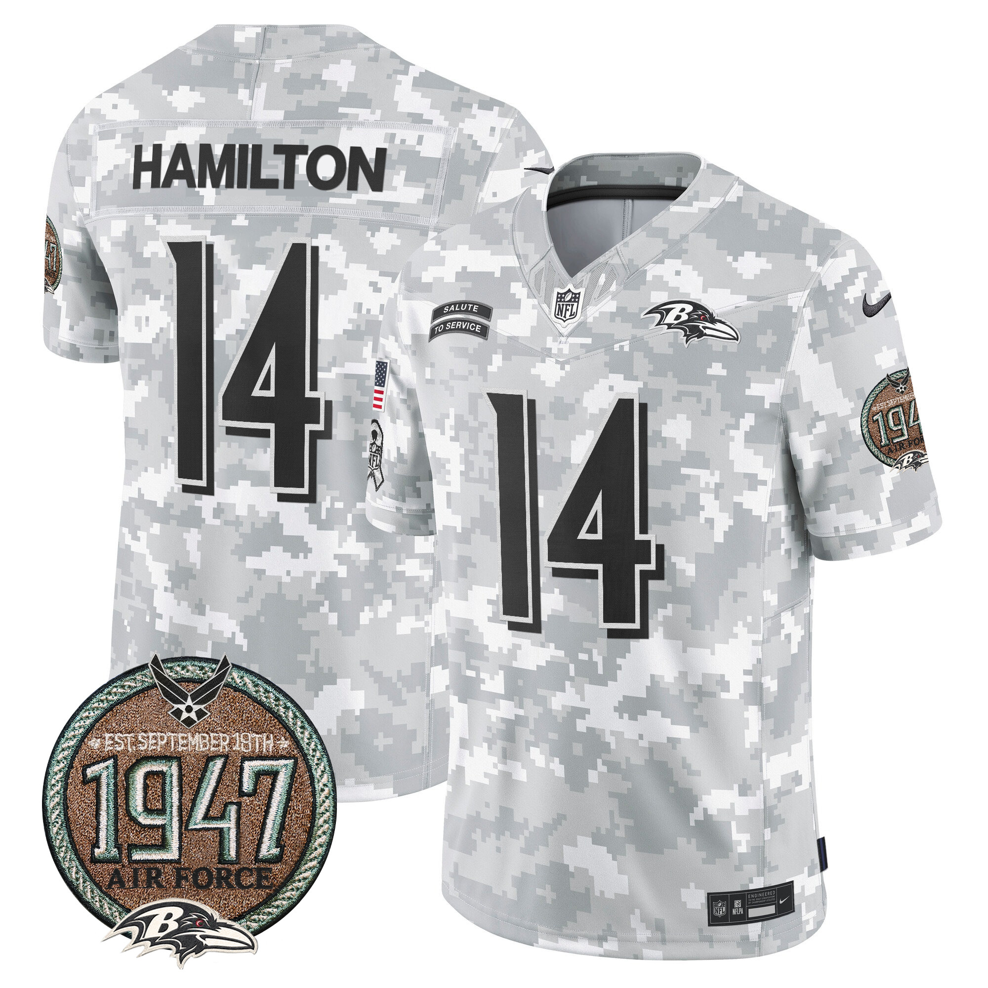 Men's Kyle Hamilton Baltimore Ravens 2024 Salute to Service Establishment Year Patch Vapor Limited Air Force Jersey - All Stitched