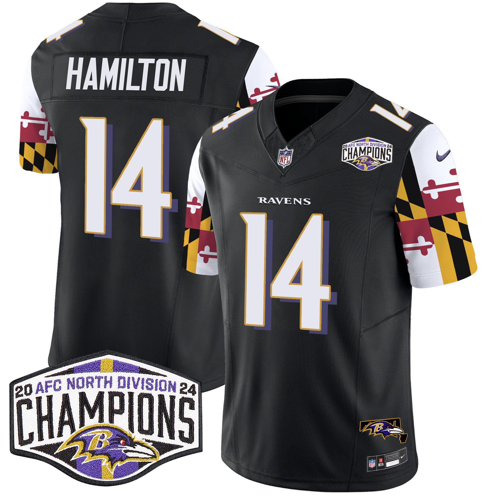 Men's Kyle Hamilton Baltimore Ravens Maryland Flag 2024 AFC North Division Champions Patch Vapor Limited Black Jersey - All Stitched