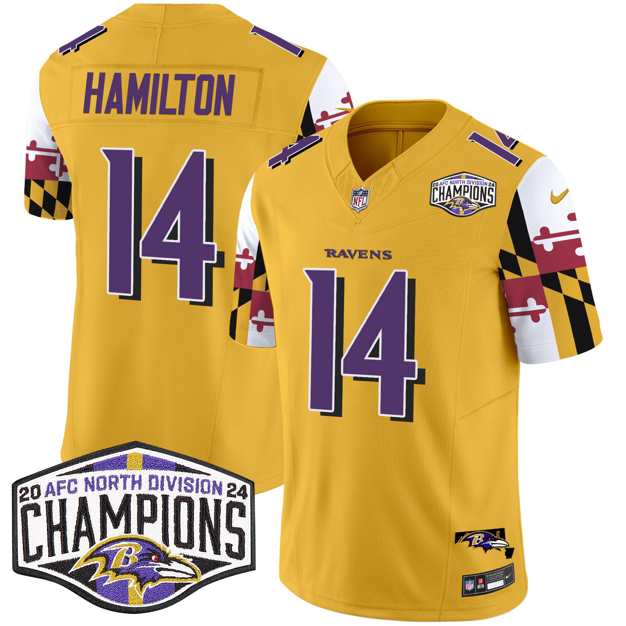 Men's Kyle Hamilton Baltimore Ravens Maryland Flag 2024 AFC North Division Champions Patch Vapor Limited Gold Jersey - All Stitched