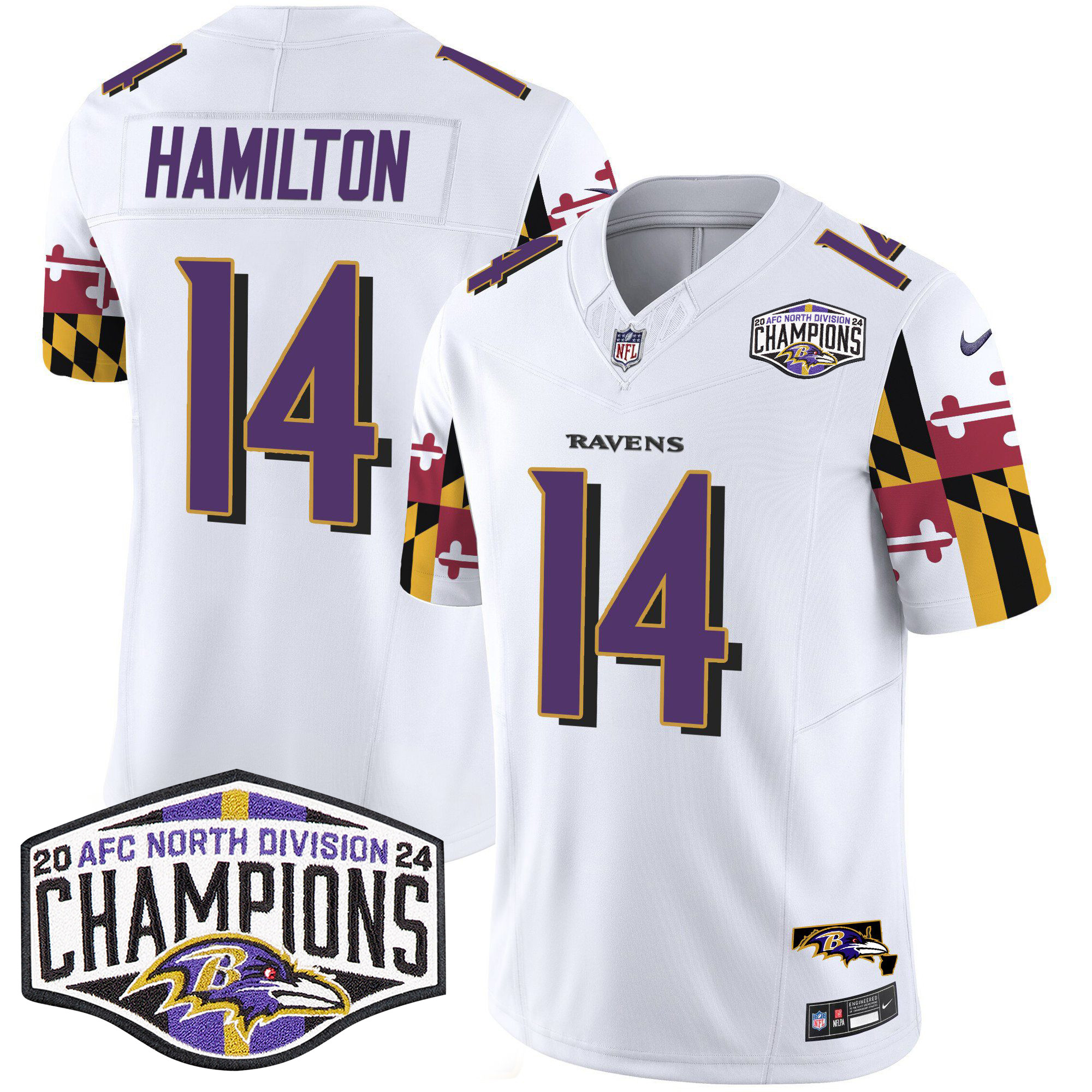 Men's Kyle Hamilton Baltimore Ravens Maryland Flag 2024 AFC North Division Champions Patch Vapor Limited White Jersey - All Stitched