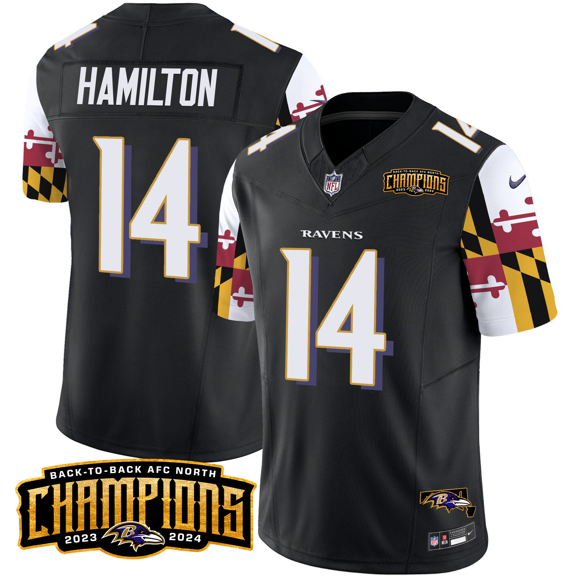 Men's Kyle Hamilton Baltimore Ravens Maryland Flag Back To Back AFC North Champions Patch Vapor Limited Black Jersey - All Stitched