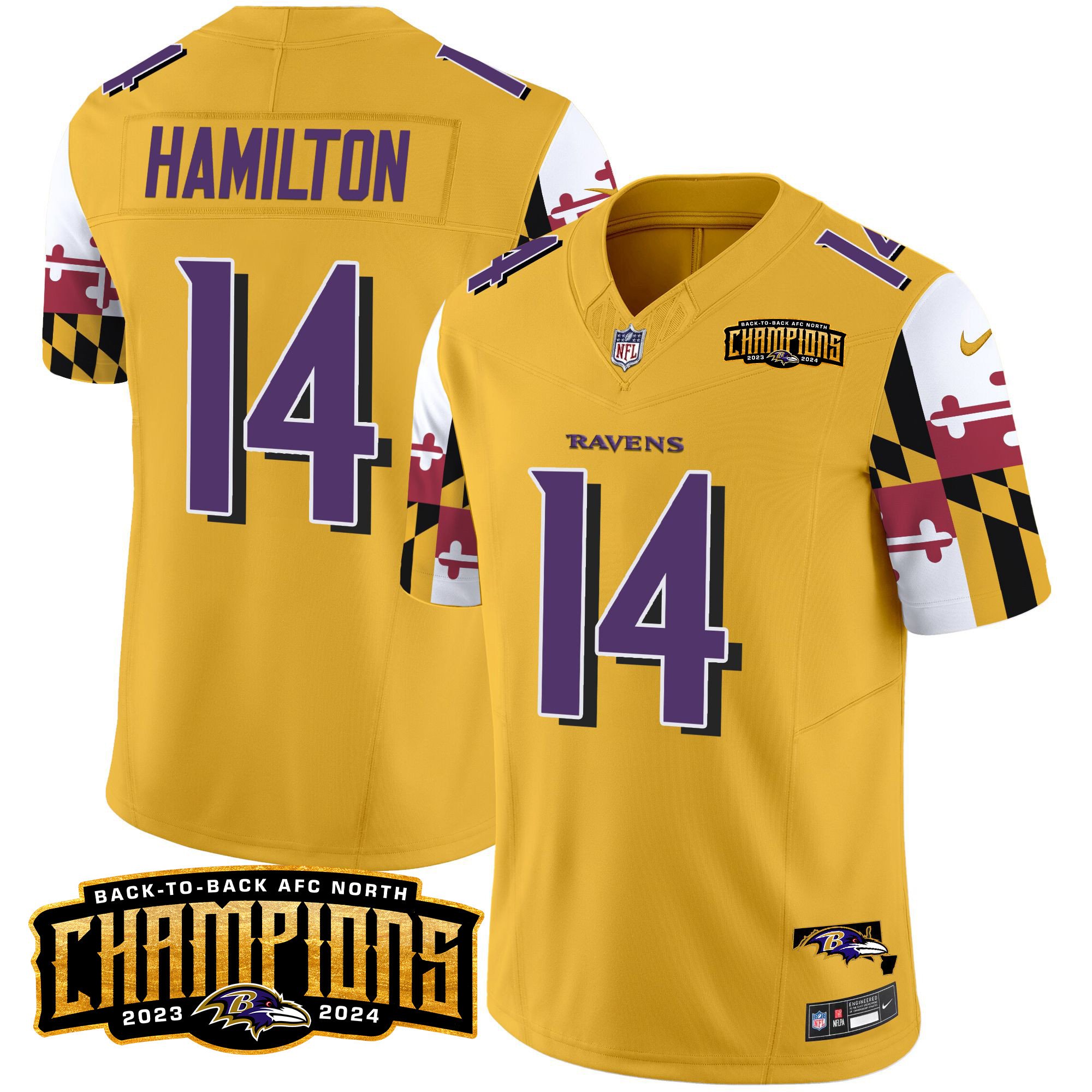Men's Kyle Hamilton Baltimore Ravens Maryland Flag Back To Back AFC North Champions Patch Vapor Limited Gold Jersey - All Stitched