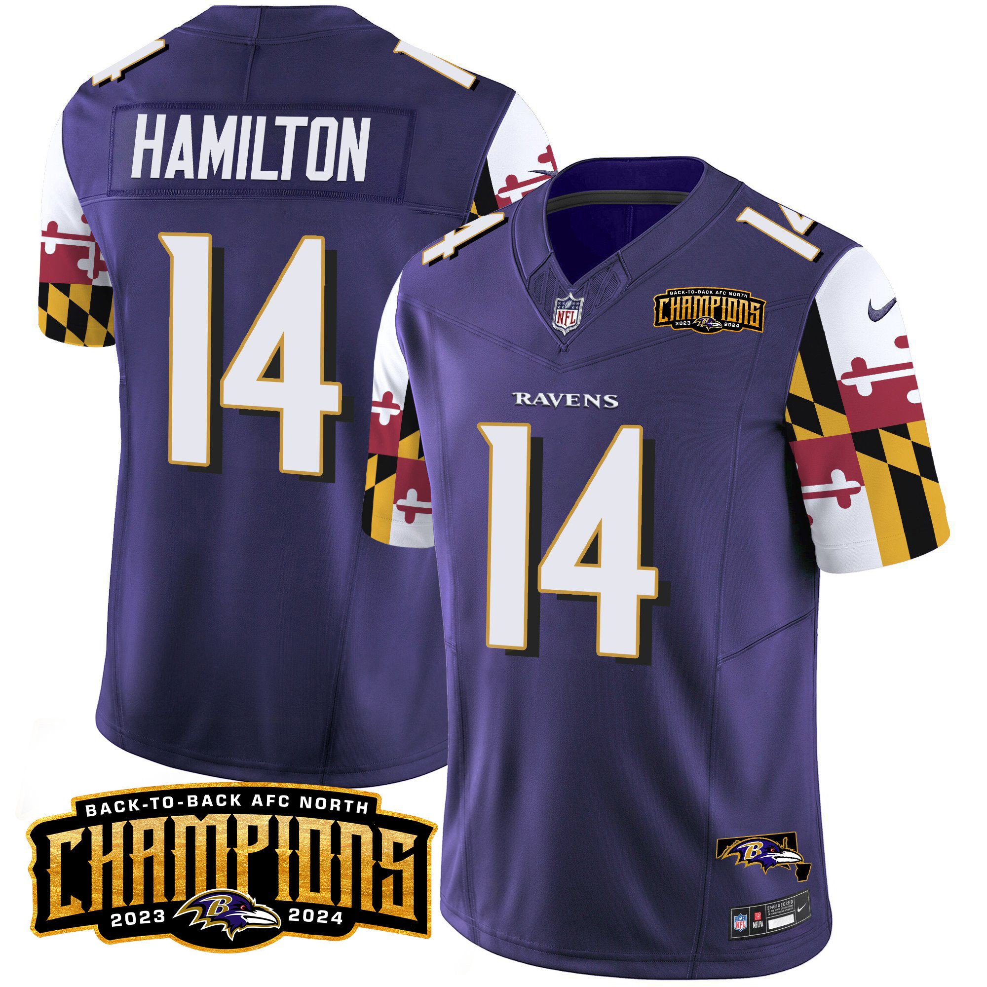 Men's Kyle Hamilton Baltimore Ravens Maryland Flag Back To Back AFC North Champions Patch Vapor Limited Purple Jersey - All Stitched