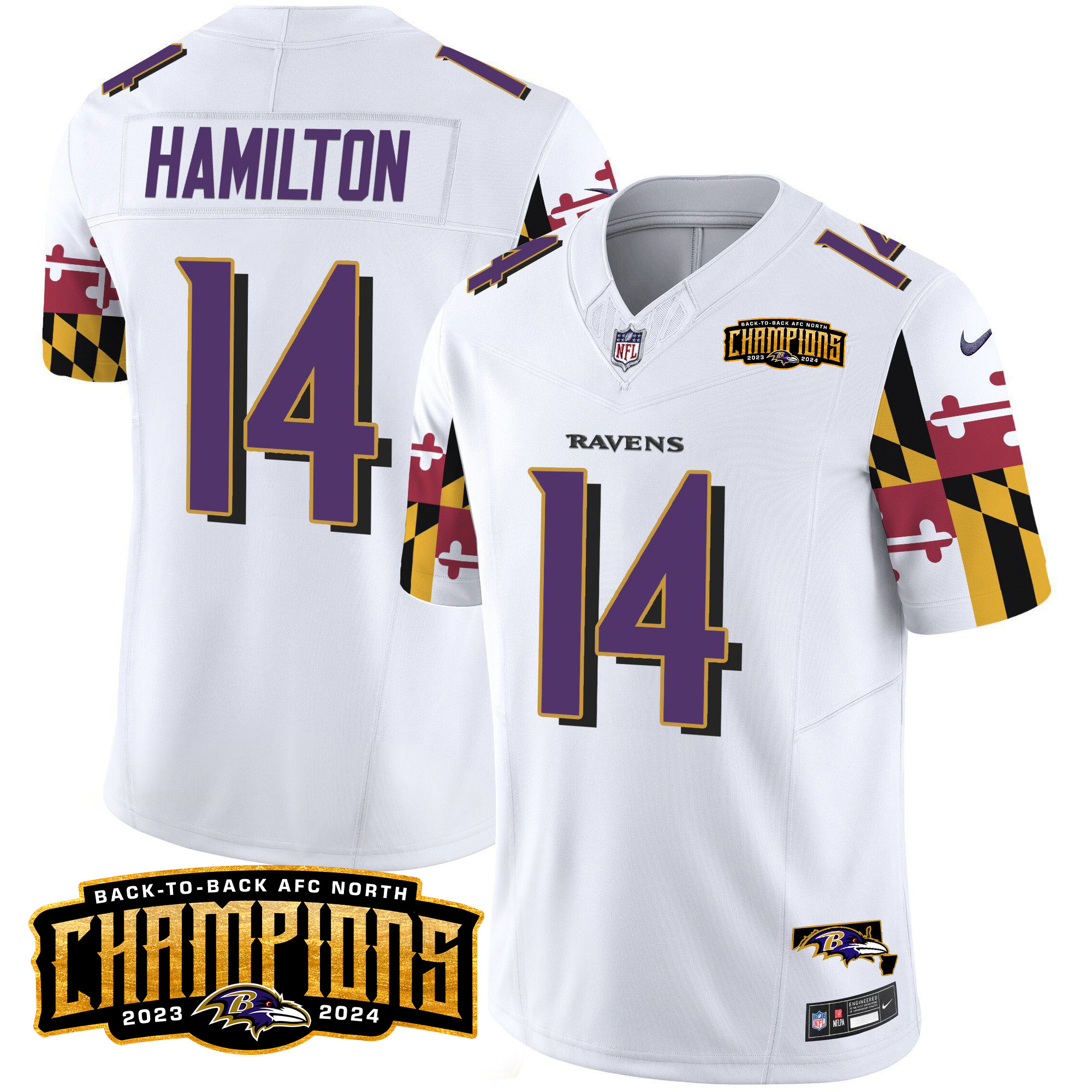Men's Kyle Hamilton Baltimore Ravens Maryland Flag Back To Back AFC North Champions Patch Vapor Limited White Jersey - All Stitched