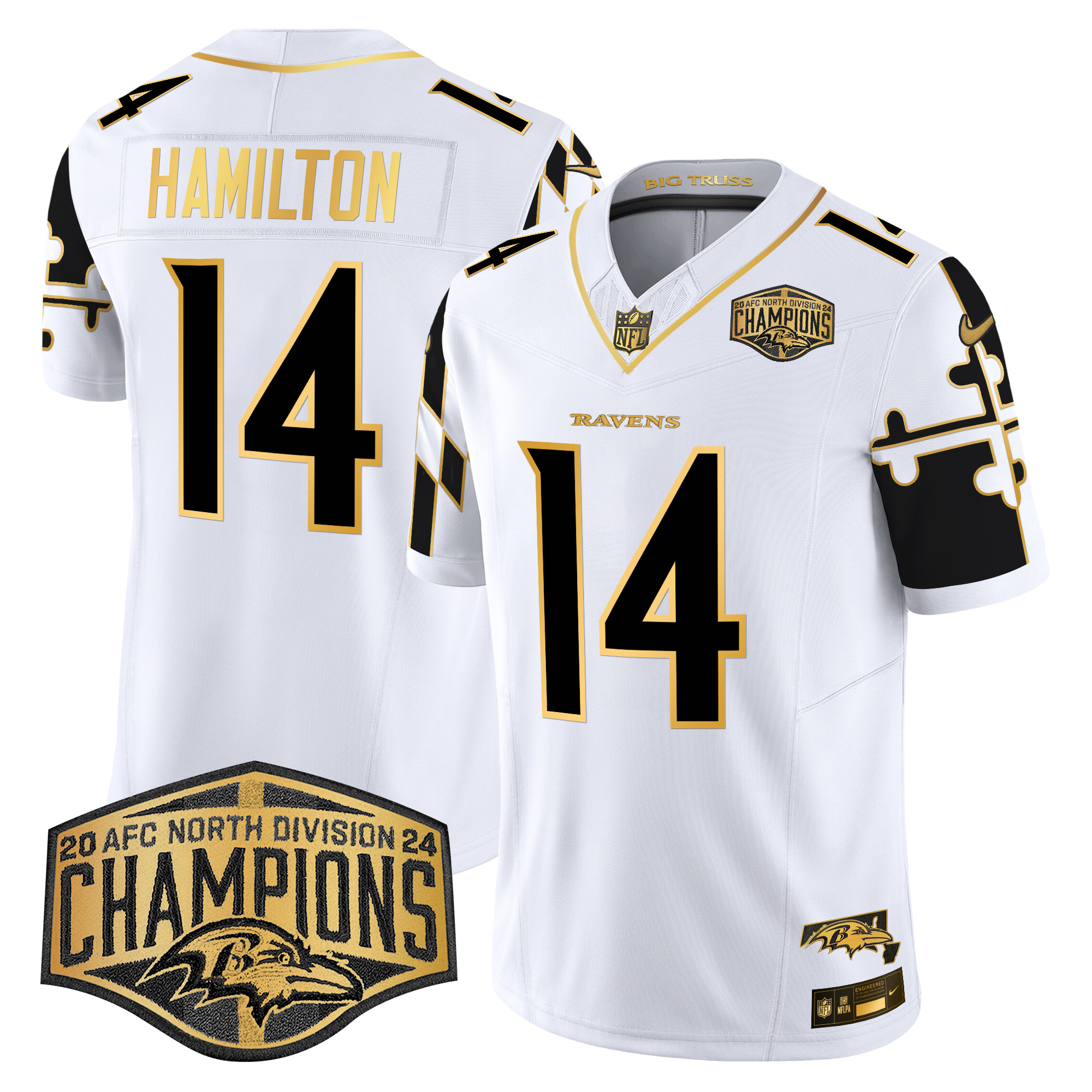 Men's Kyle Hamilton Baltimore Ravens Maryland Flag Map 2024 AFC North Division Champions Patch Gold Vapor Limited White Gold Jersey - All Stitched