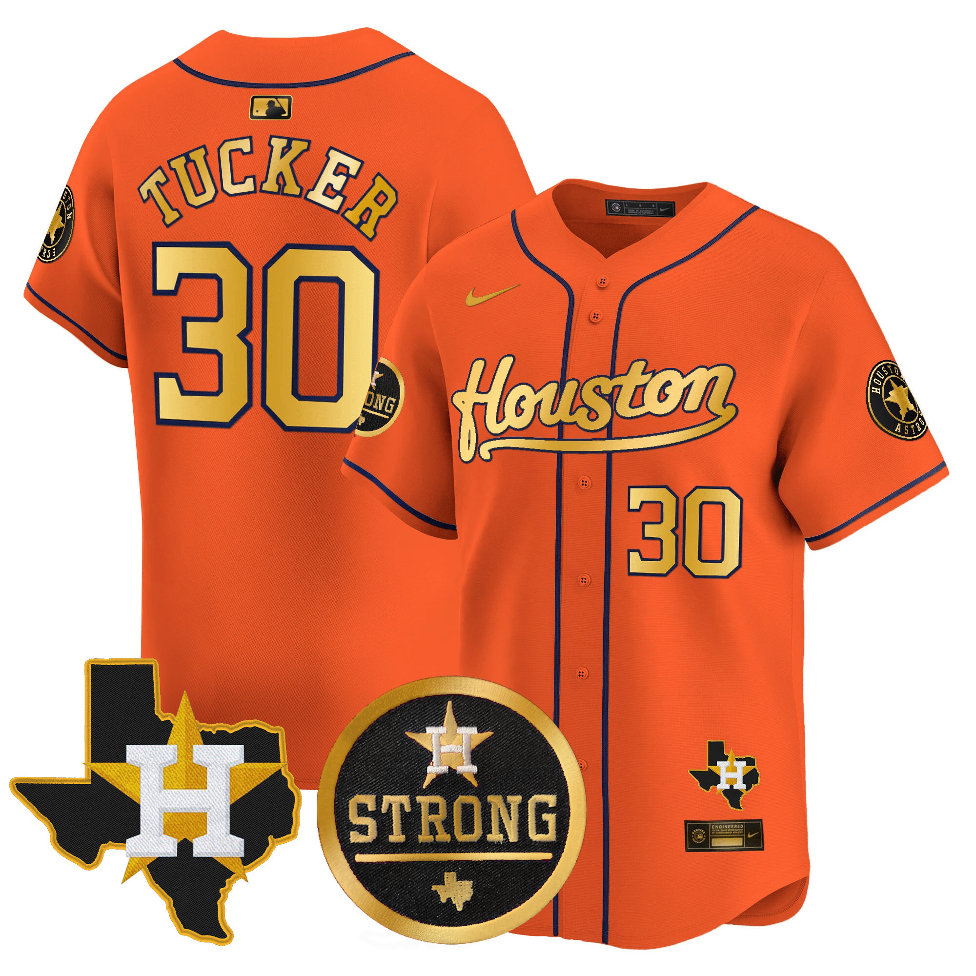 Men's Kyle Tucker Houston Astros "Houston Strong" Patch Vapor Premier Limited Orange Gold Jersey - All Stitched