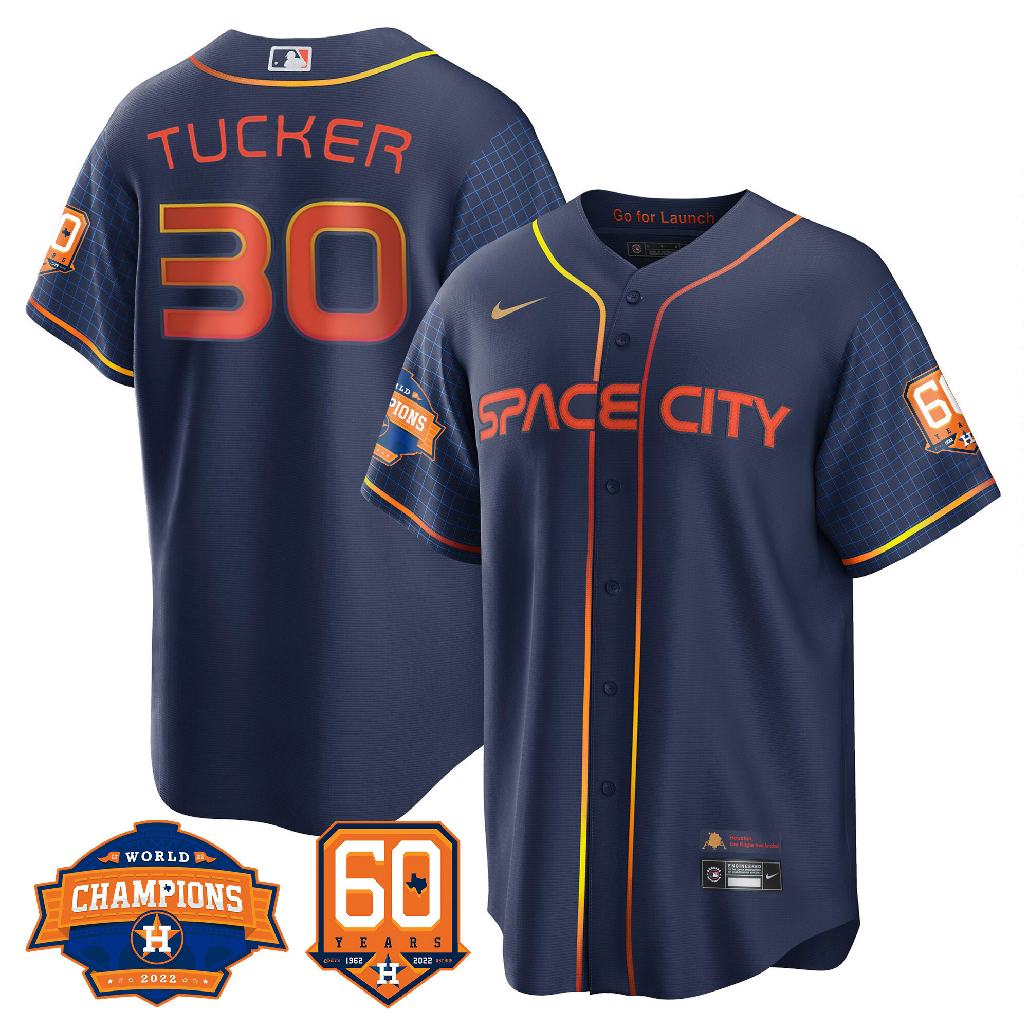 Men's Kyle Tucker Houston Astros Space City 2022 Champions & 60th Anniversary Patch Cool Navy Jersey ñ All Stitched