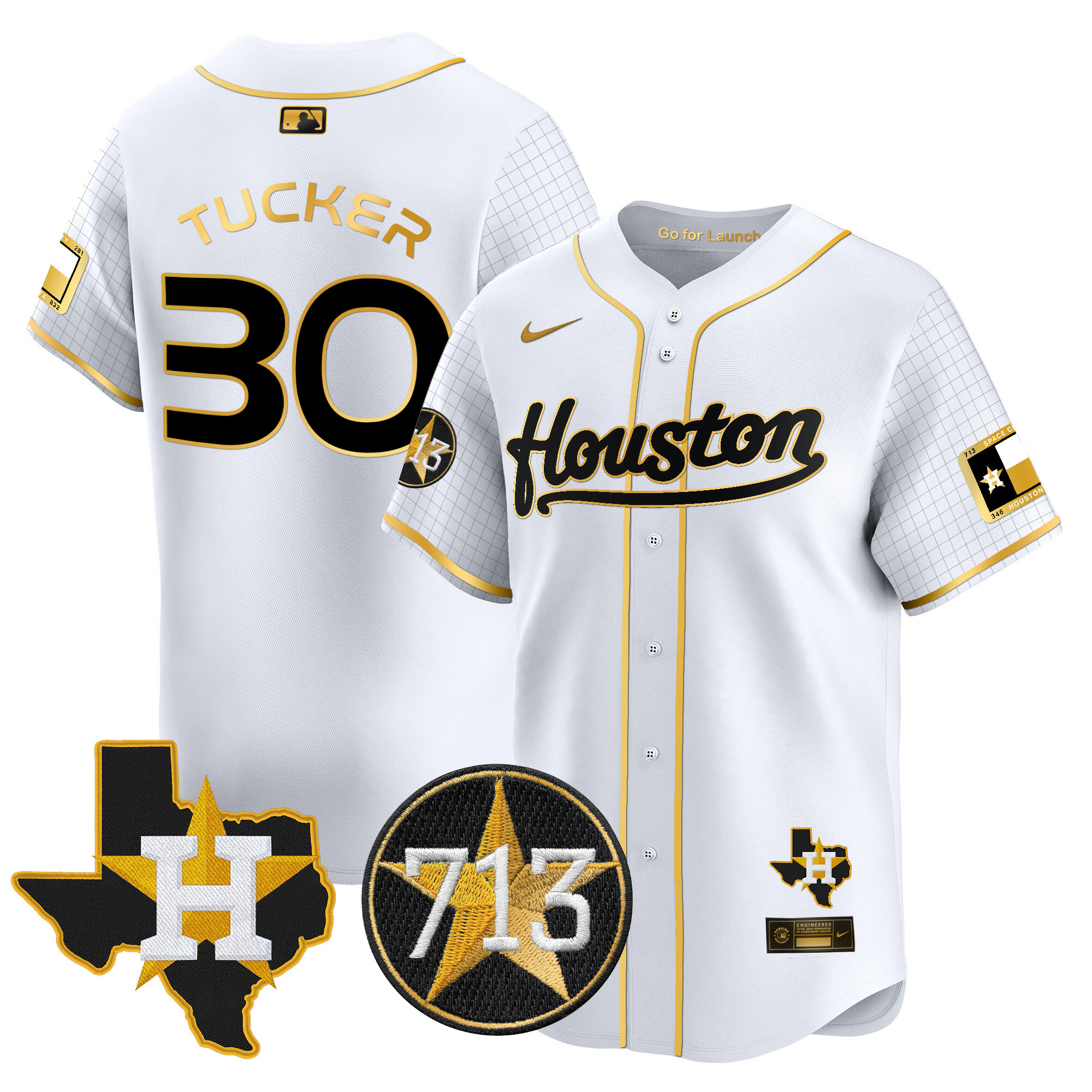 Men's Kyle Tucker Houston Astros Space City 713 Patch Vapor Premier Limited White Gold Jersey - All Stitched