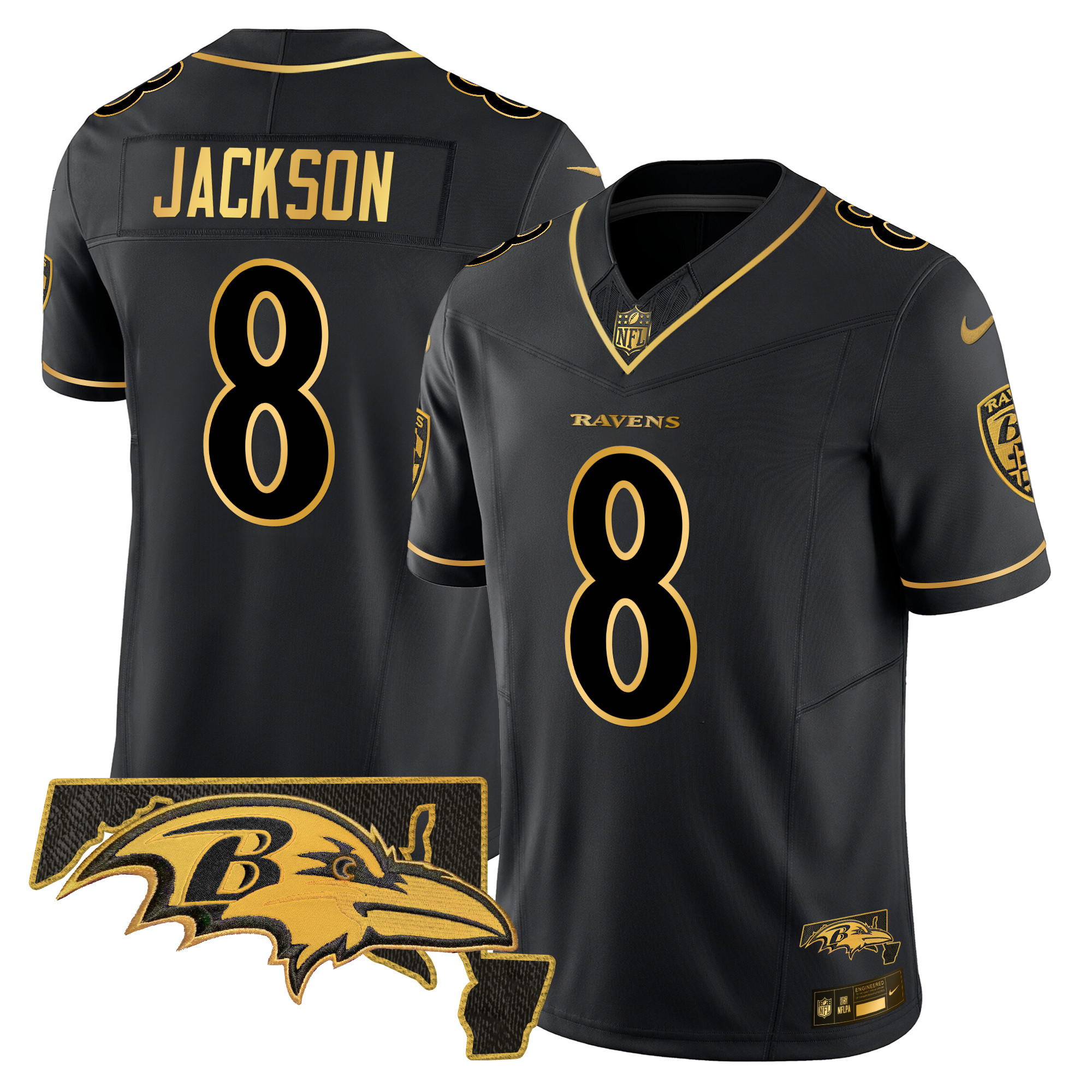 Men's Lamar Jackson Baltimore Ravens 2024 Gold Vapor Limited Black Gold Jersey - All Stitched