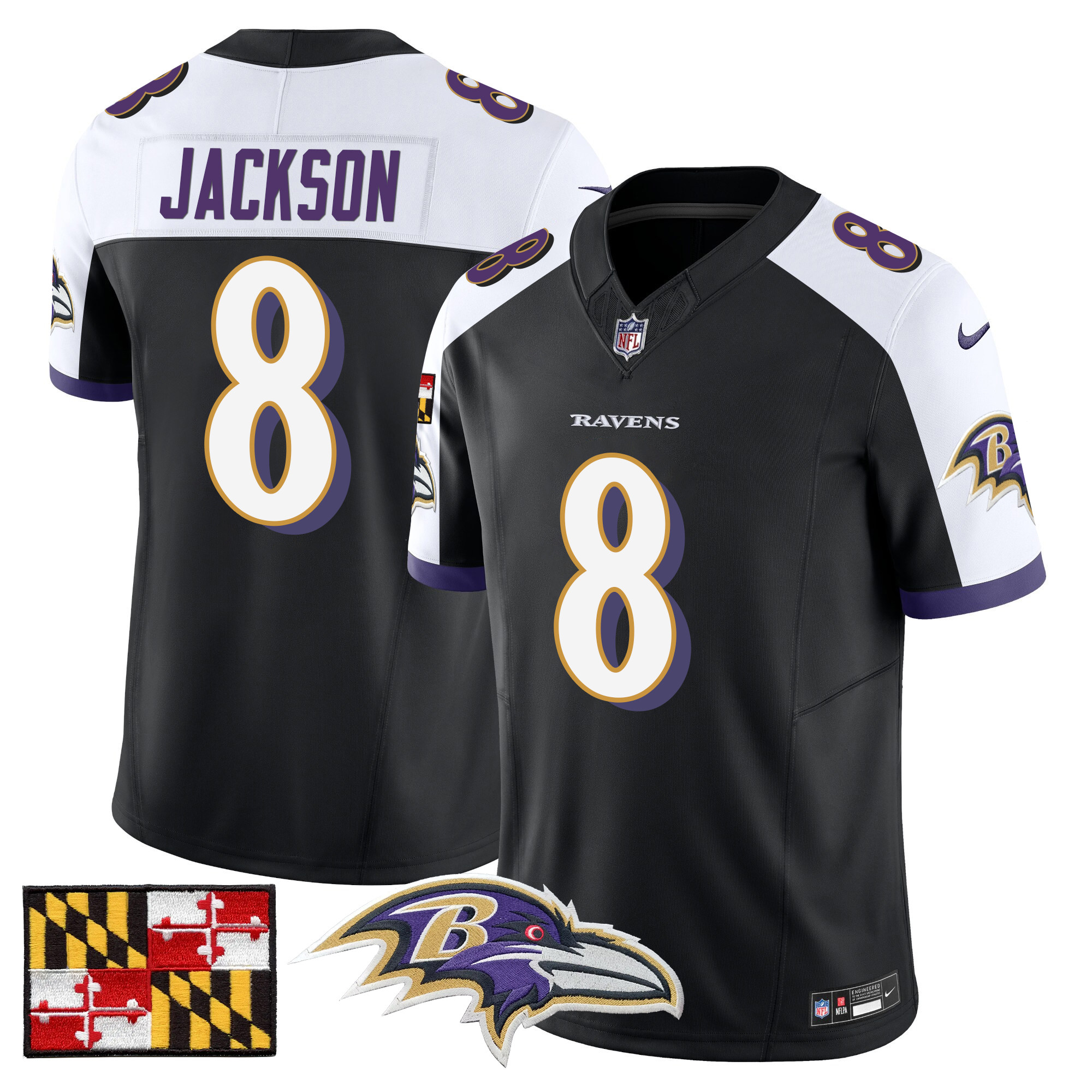 Men's Lamar Jackson Baltimore Ravens 2024 Maryland Flag Vapor Limited Black Alternate Jersey - All Stitched