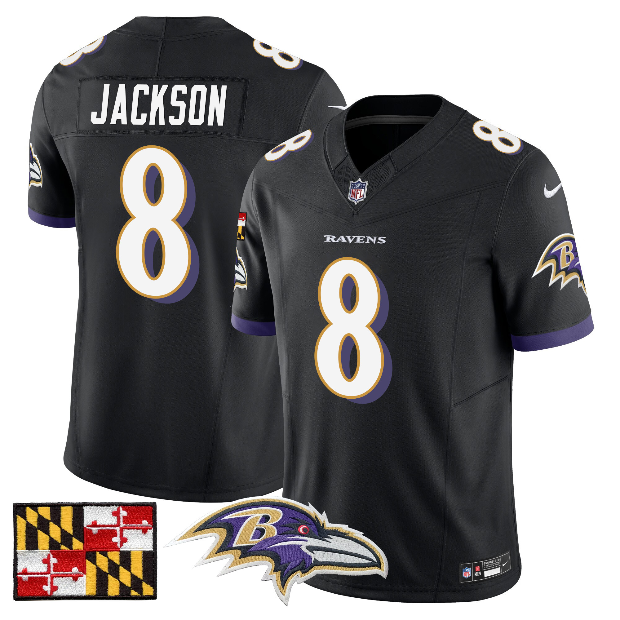 Men's Lamar Jackson Baltimore Ravens 2024 Maryland Flag Vapor Limited Black Jersey - All Stitched