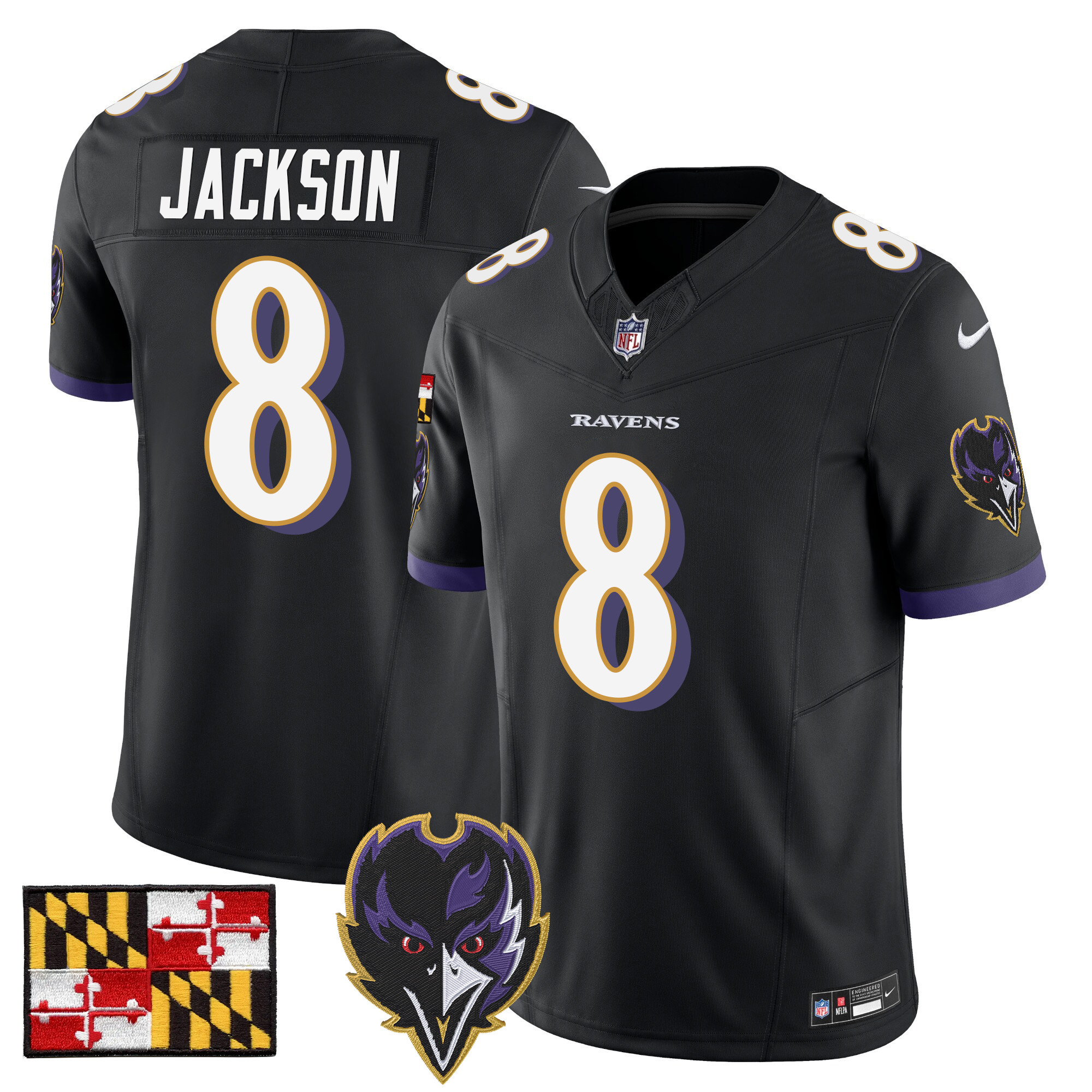 Men's Lamar Jackson Baltimore Ravens 2024 Maryland Flag Vapor Limited Black Jersey - All Stitched
