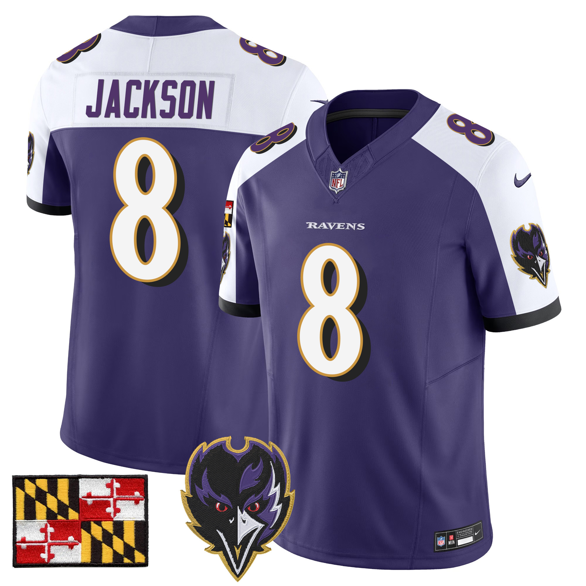 Men's Lamar Jackson Baltimore Ravens 2024 Maryland Flag Vapor Limited Purple Alternate Jersey - All Stitched