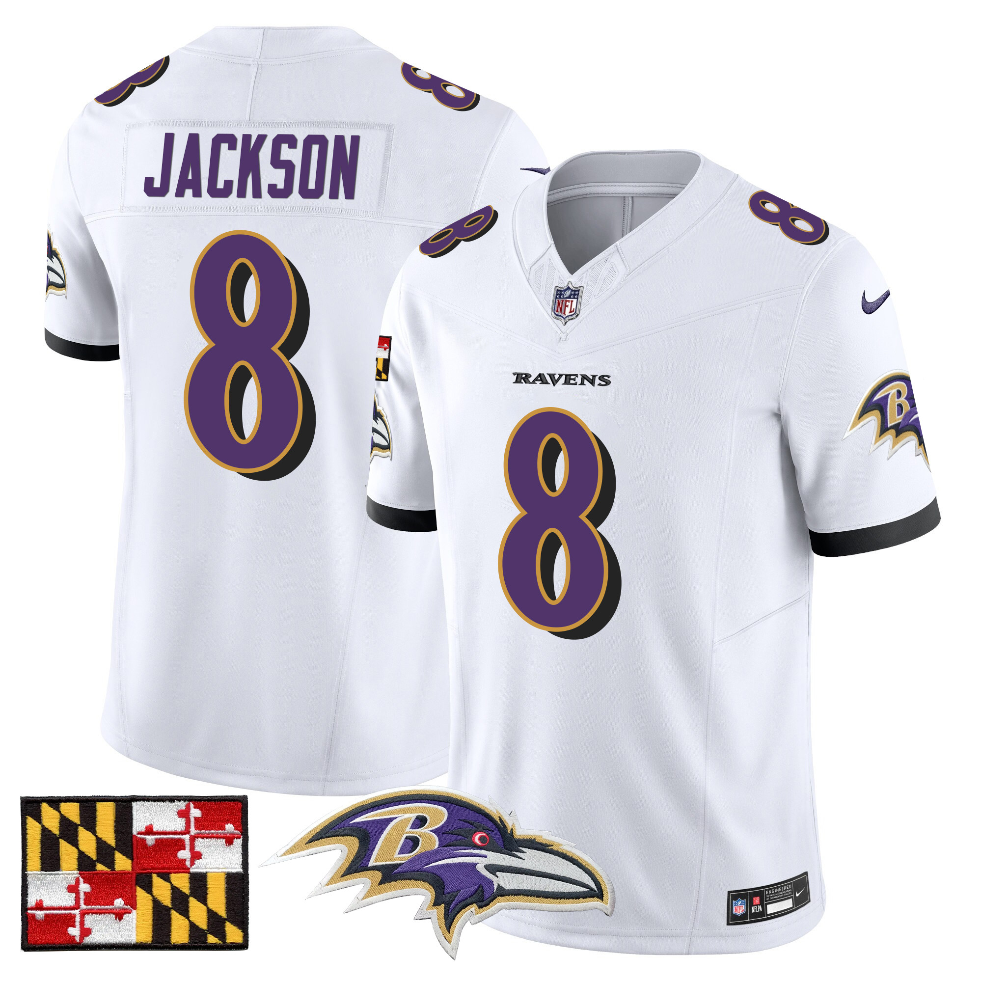 Men's Lamar Jackson Baltimore Ravens 2024 Maryland Flag Vapor Limited White Jersey - All Stitched