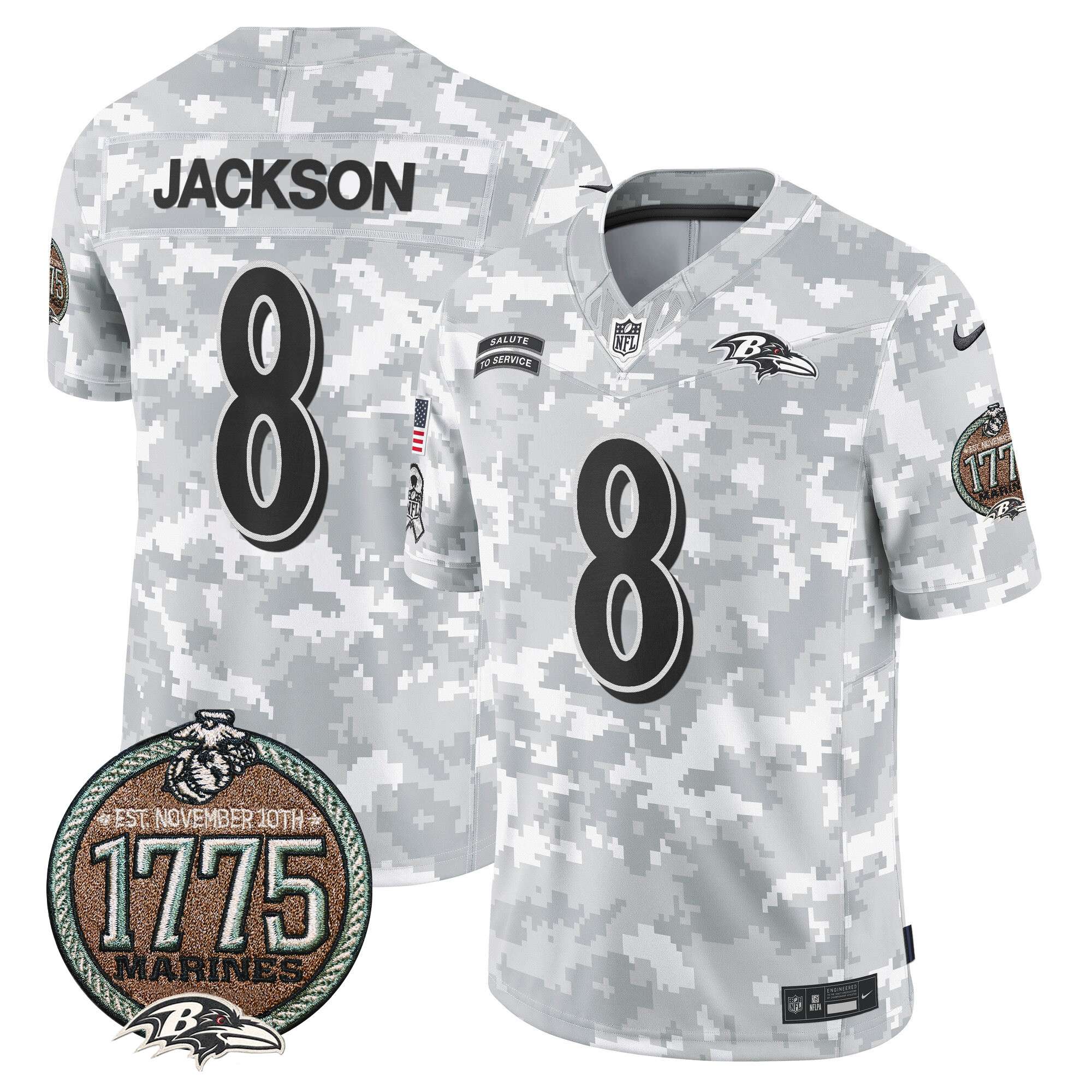 Men's Lamar Jackson Baltimore Ravens 2024 Salute to Service Establishment Year Patch Vapor Limited Marines Jersey - All Stitched
