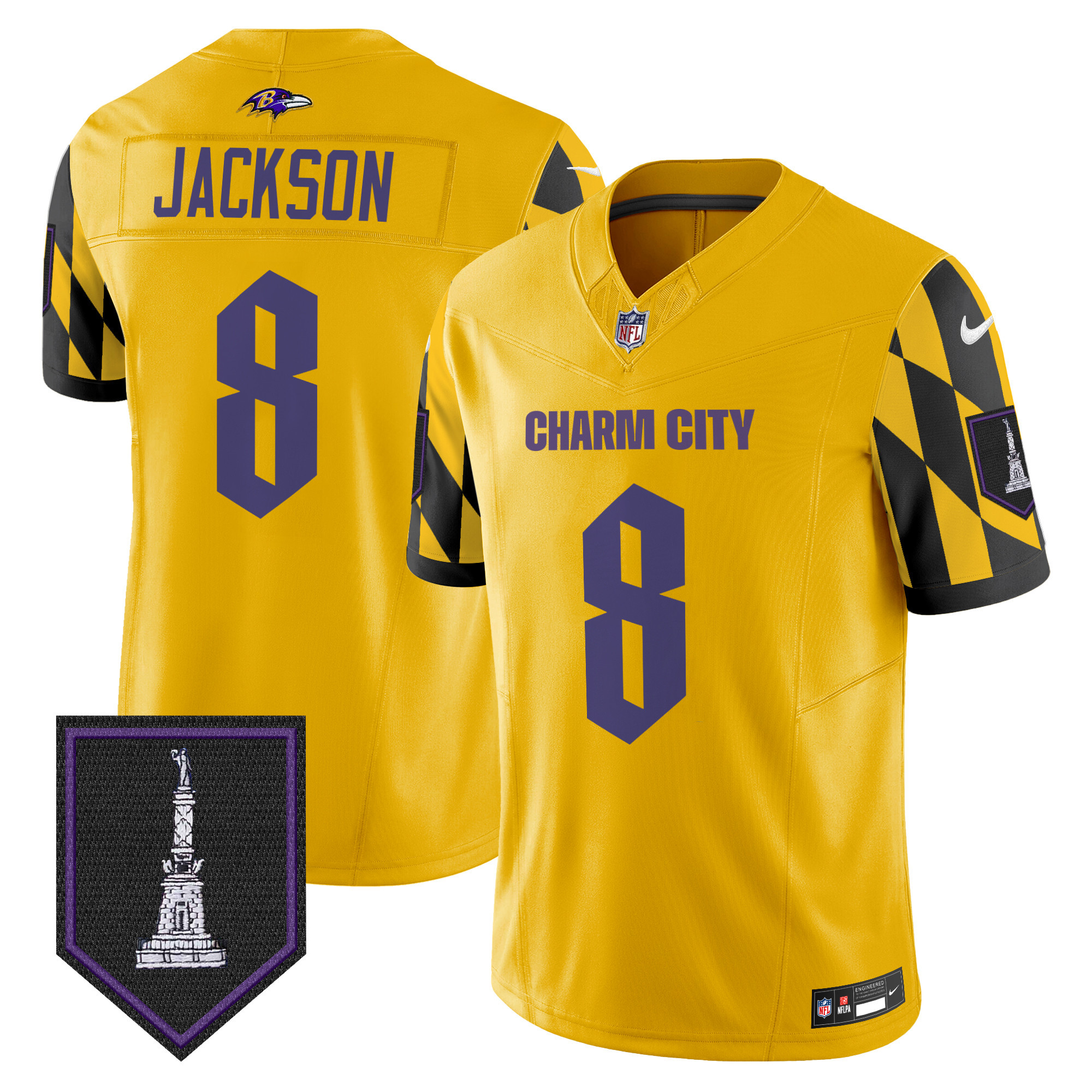 Men's Lamar Jackson Baltimore Ravens City Edition Patch Vapor Limited Gold Jersey - All Stitched