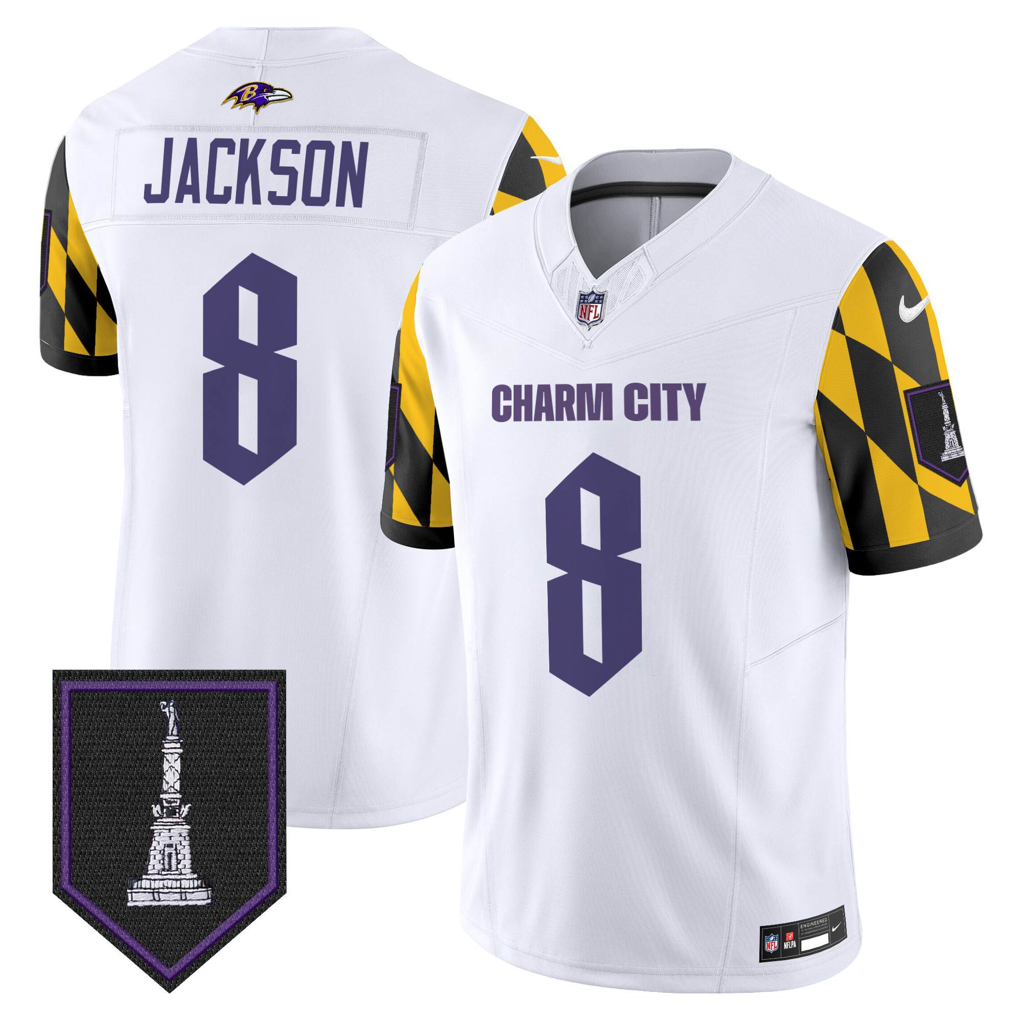 Men's Lamar Jackson Baltimore Ravens City Edition Patch Vapor Limited White Jersey - All Stitched
