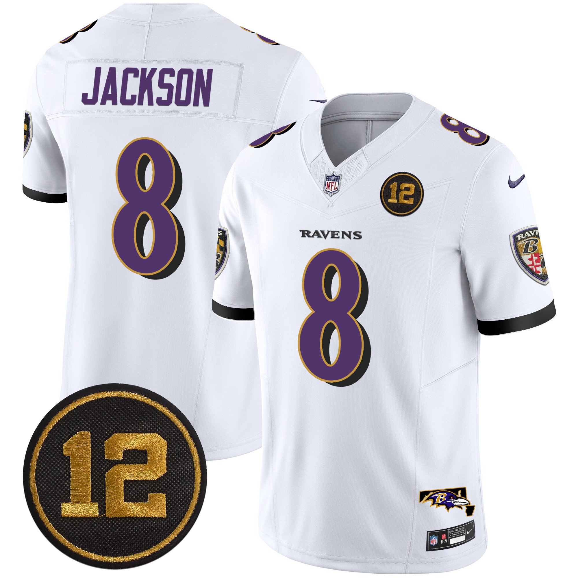 Men's Lamar Jackson Baltimore Ravens Jacoby Jones Patch Vapor Limited White Jersey - All Stitched