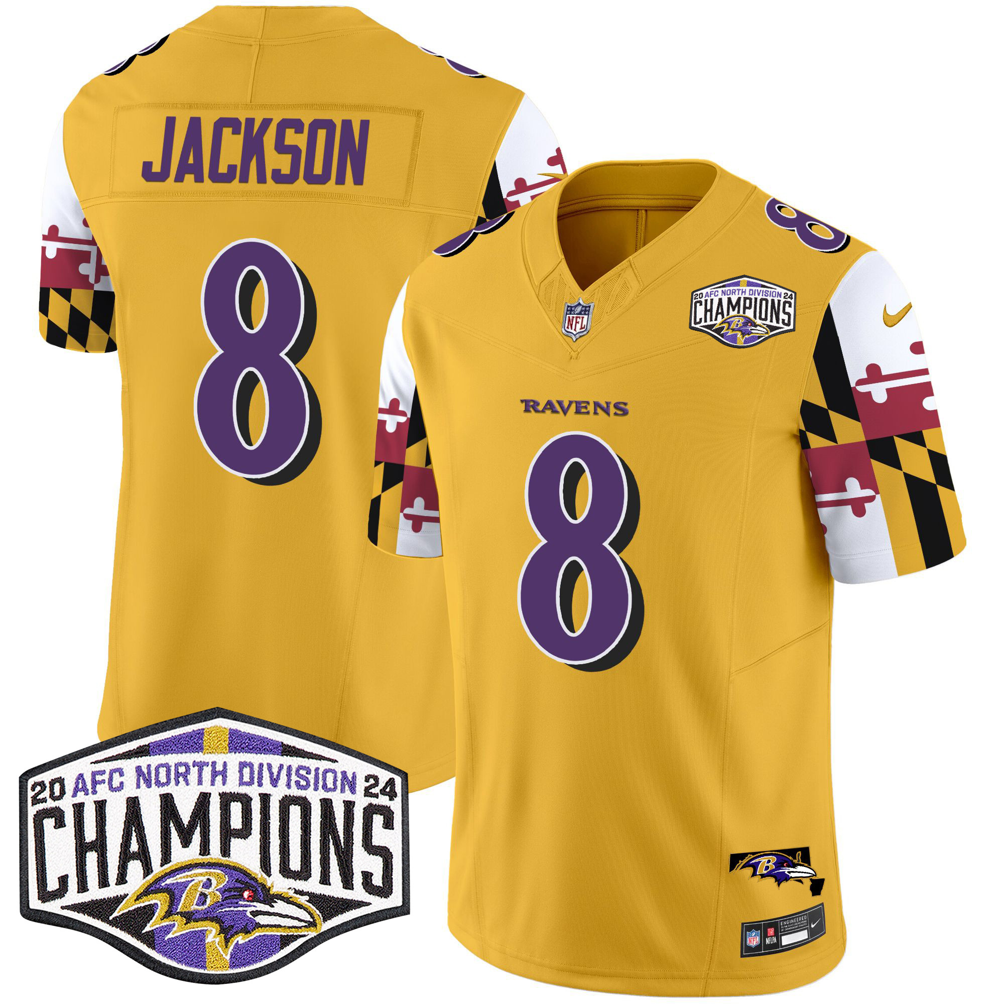 Men's Lamar Jackson Baltimore Ravens Maryland Flag 2024 AFC North Division Champions Patch Vapor Limited Gold Jersey - All Stitched