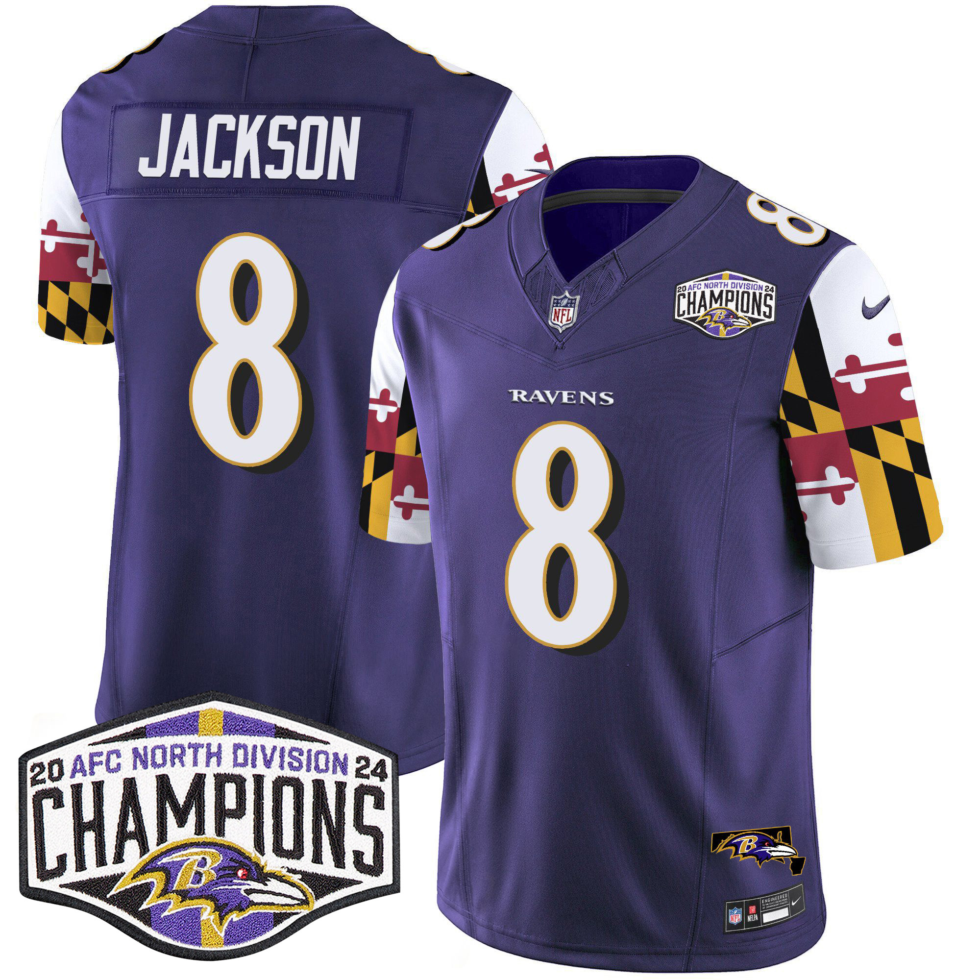 Men's Lamar Jackson Baltimore Ravens Maryland Flag 2024 AFC North Division Champions Patch Vapor Limited Purple Jersey - All Stitched