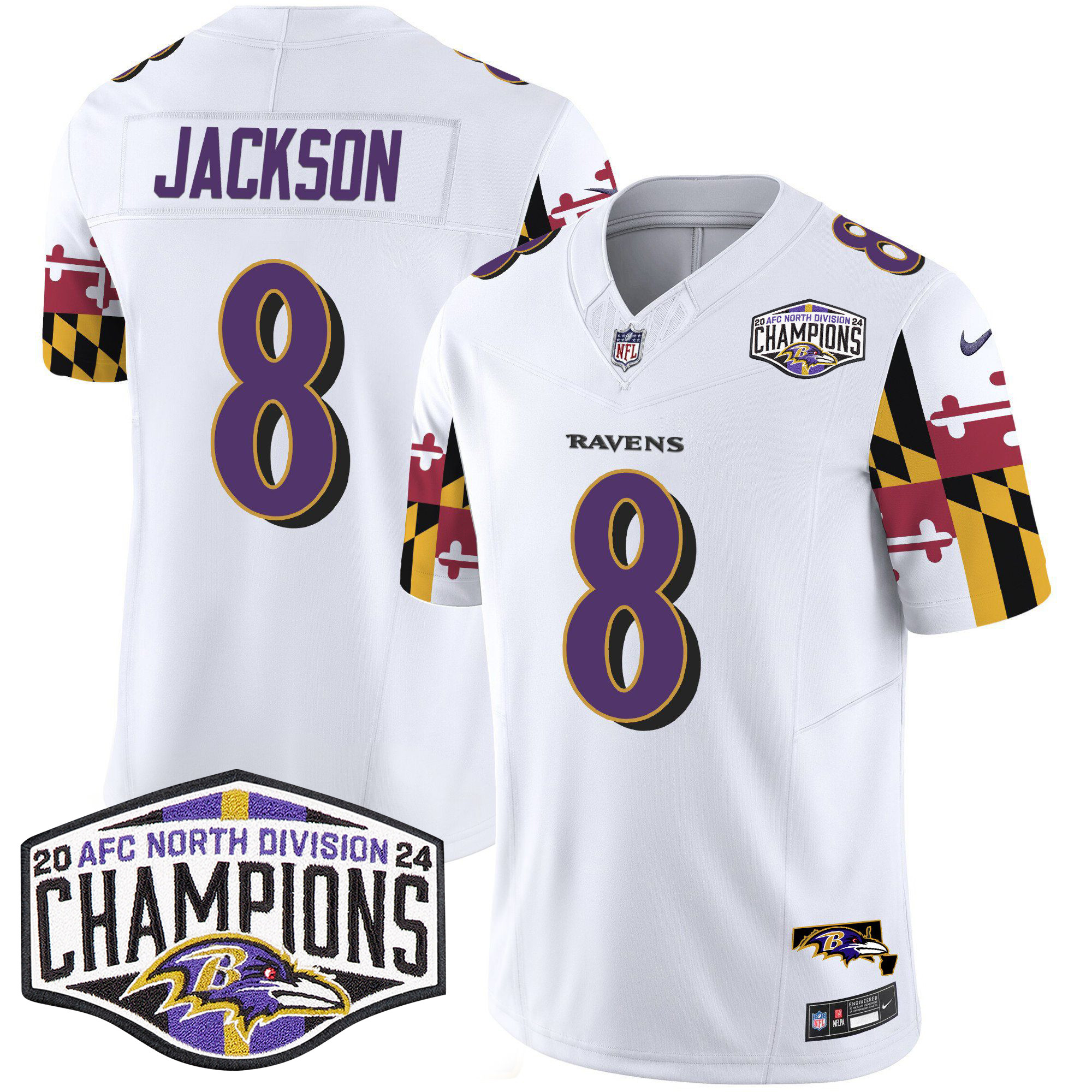 Men's Lamar Jackson Baltimore Ravens Maryland Flag 2024 AFC North Division Champions Patch Vapor Limited White Jersey - All Stitched