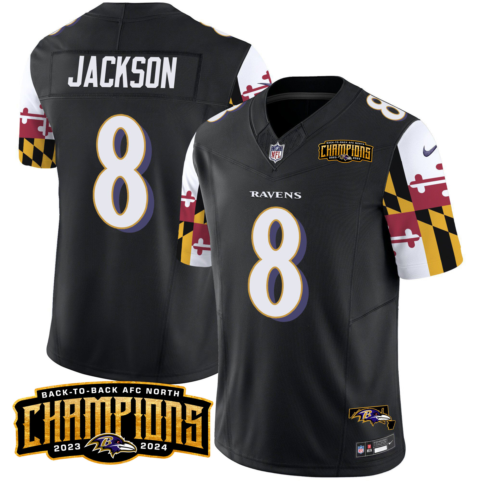 Men's Lamar Jackson Baltimore Ravens Maryland Flag Back To Back AFC North Champions Patch Vapor Limited Black Jersey - All Stitched
