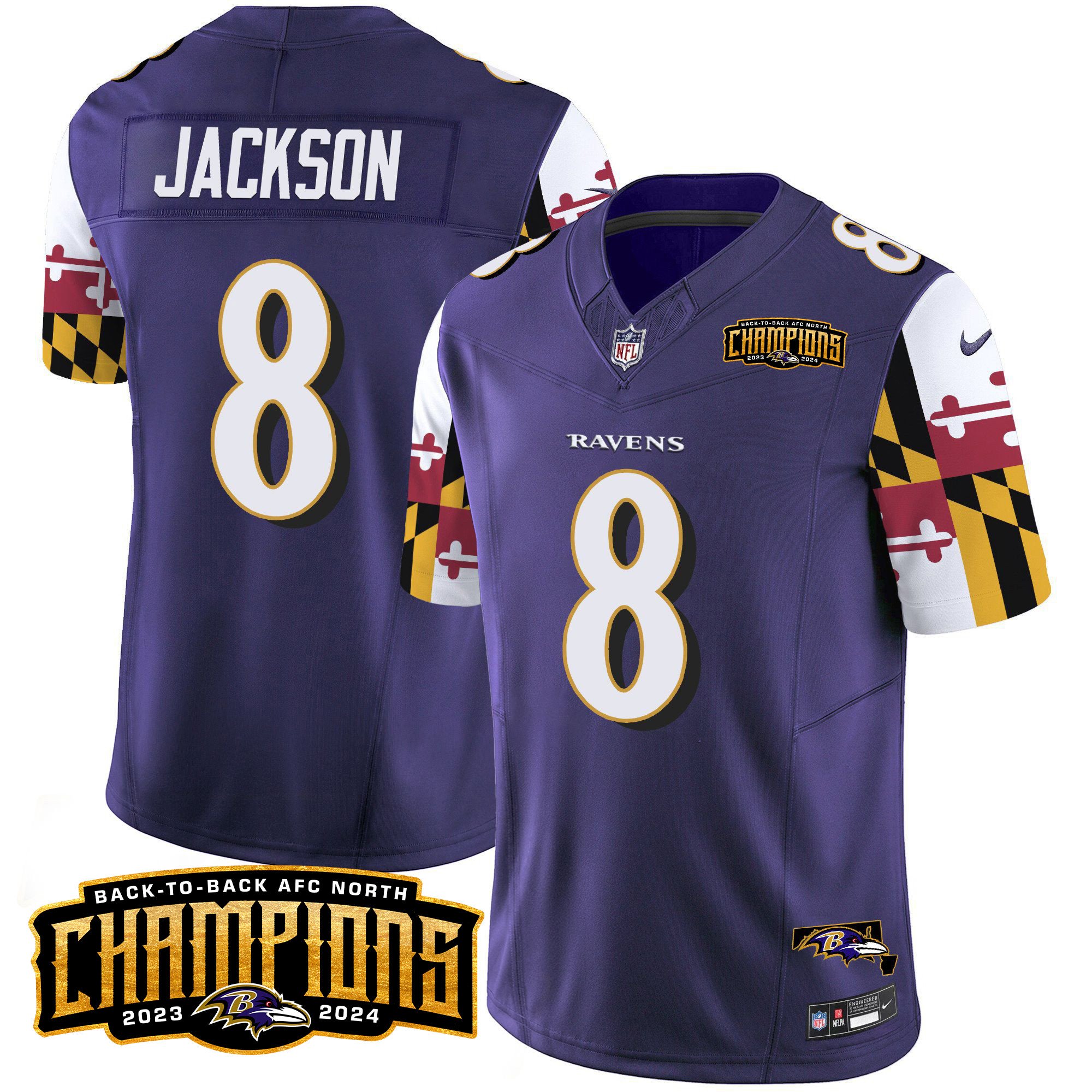 Men's Lamar Jackson Baltimore Ravens Maryland Flag Back To Back AFC North Champions Patch Vapor Limited Purple Jersey - All Stitched