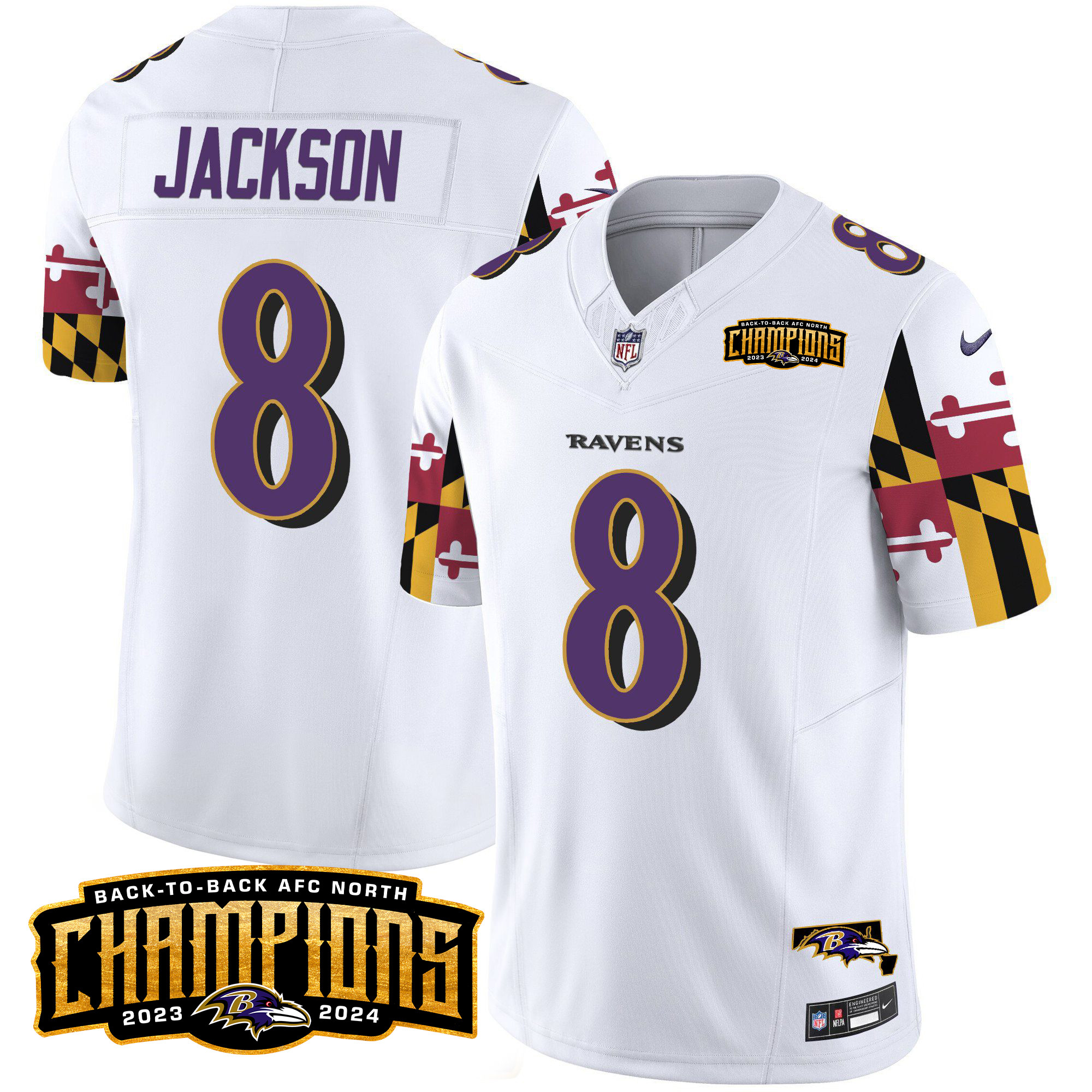 Men's Lamar Jackson Baltimore Ravens Maryland Flag Back To Back AFC North Champions Patch Vapor Limited White Jersey - All Stitched
