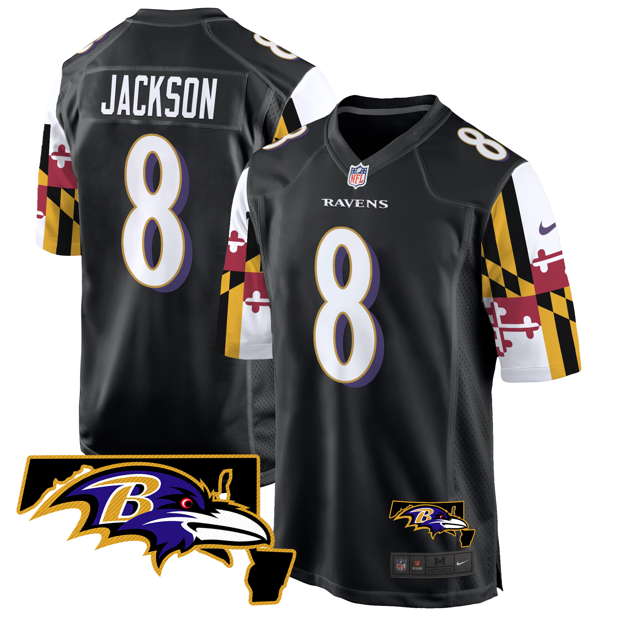 Men's Lamar Jackson Baltimore Ravens Maryland Flag Game Black Jersey - All Stitched