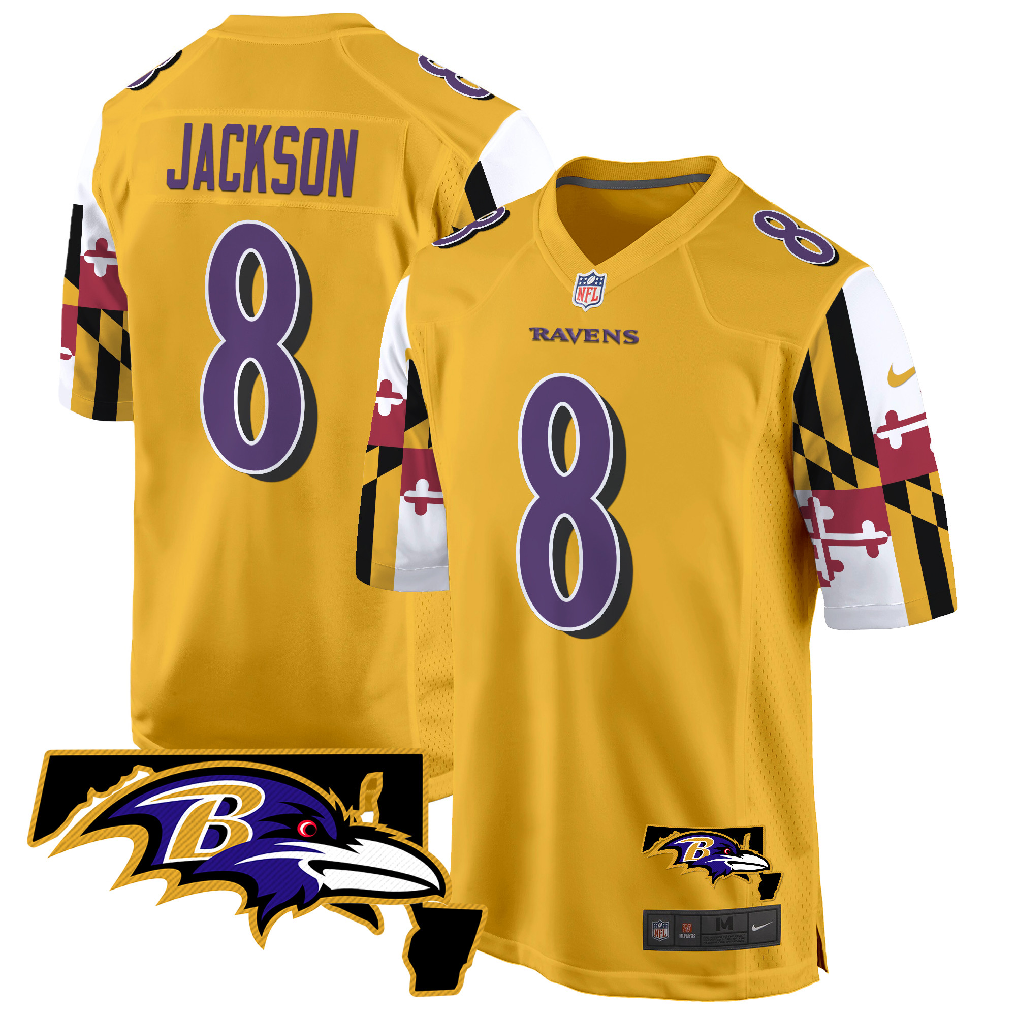 Men's Lamar Jackson Baltimore Ravens Maryland Flag Game Gold Jersey - All Stitched