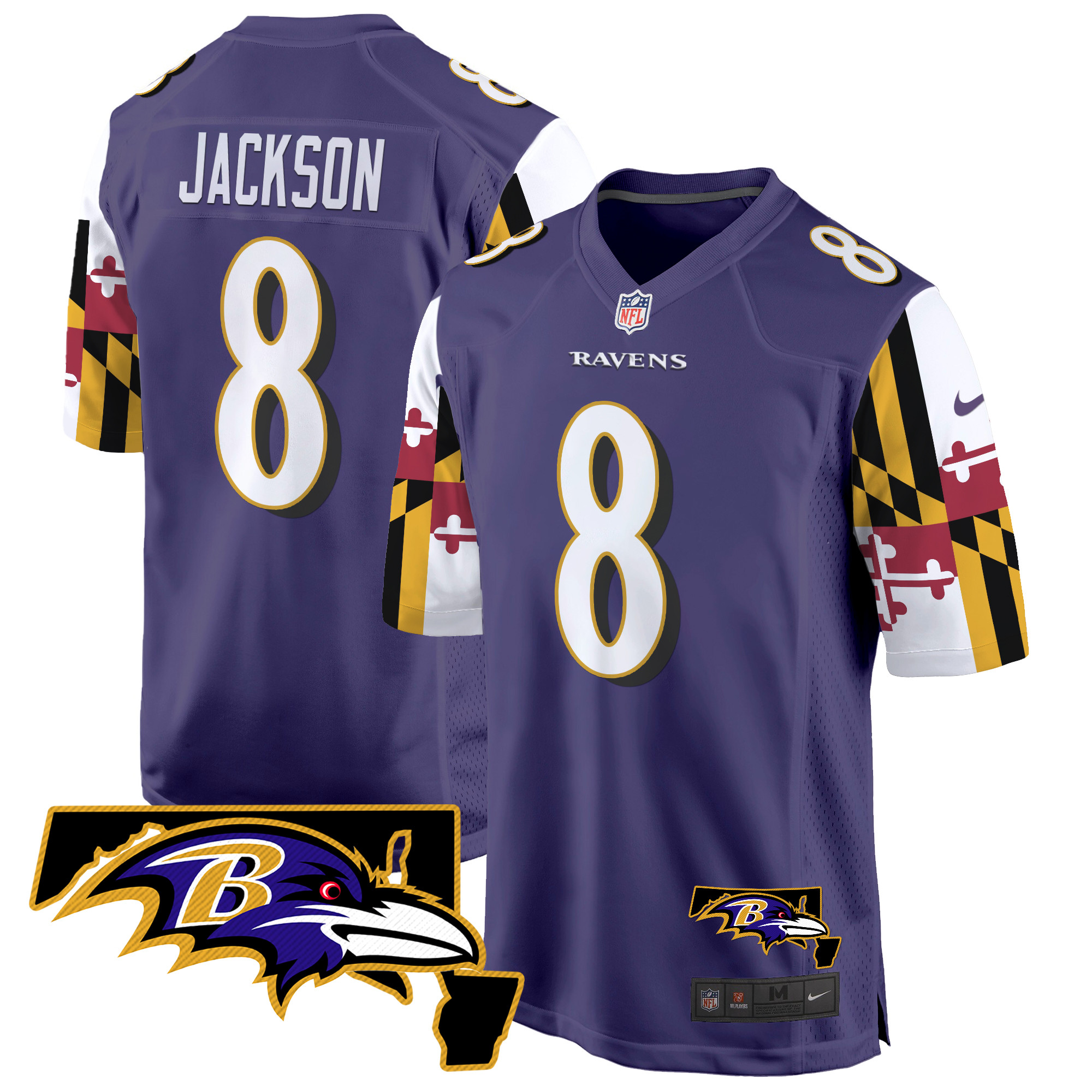 Men's Lamar Jackson Baltimore Ravens Maryland Flag Game Purple Jersey - All Stitched