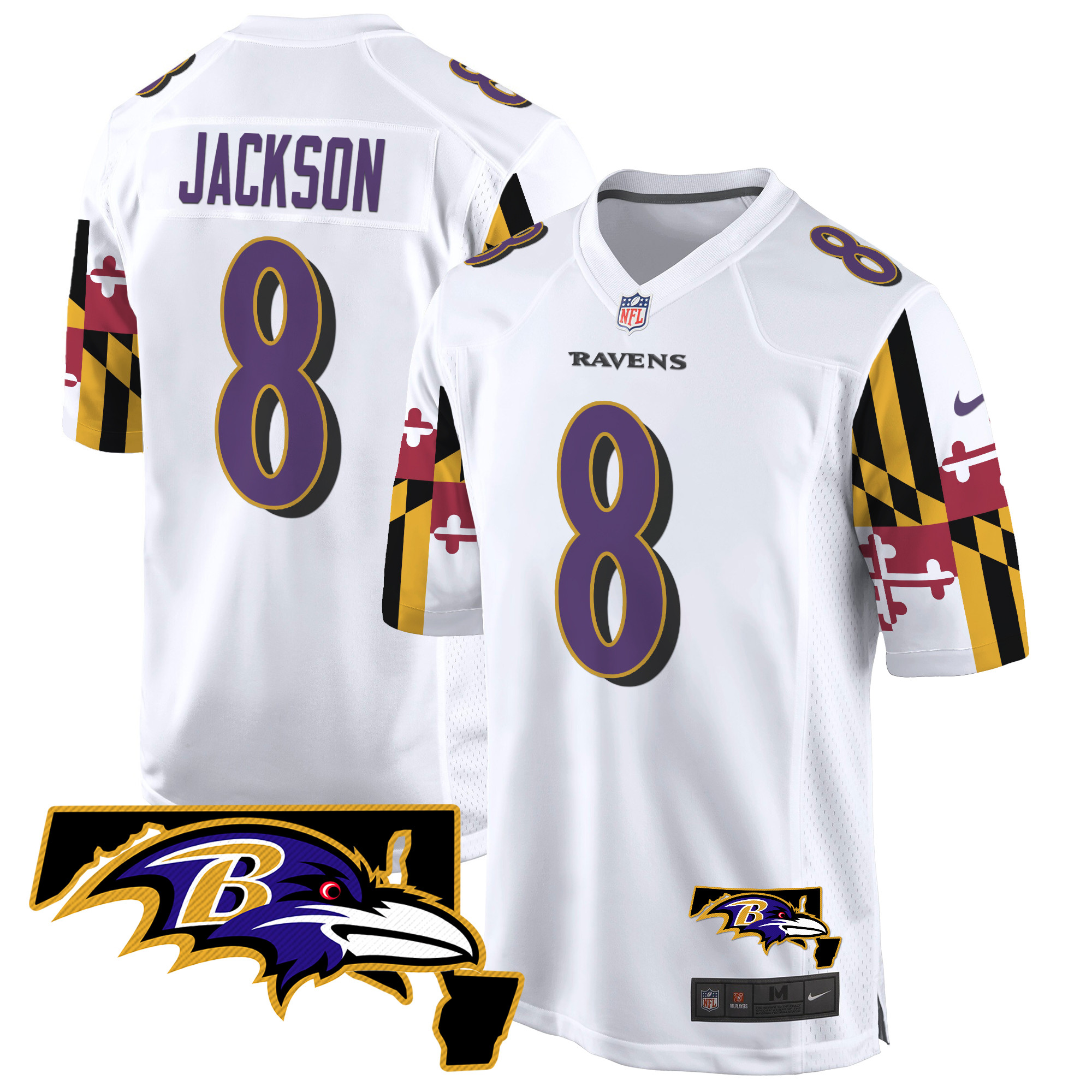 Men's Lamar Jackson Baltimore Ravens Maryland Flag Game White Jersey - All Stitched