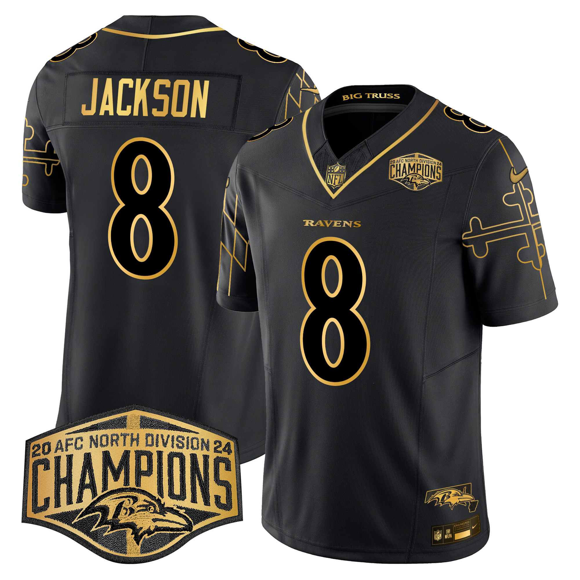Men's Lamar Jackson Baltimore Ravens Maryland Flag Map 2024 AFC North Division Champions Patch Gold Vapor Limited Black Gold Jersey - All Stitched