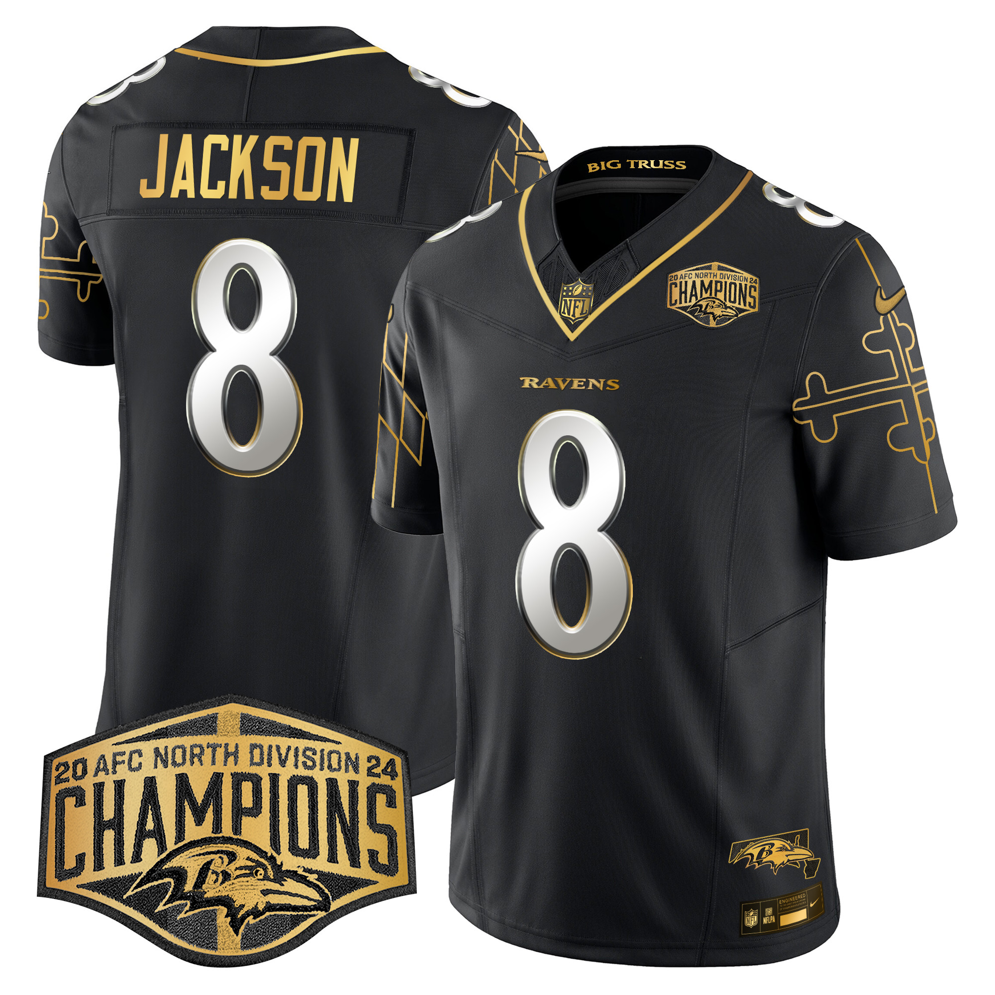 Men's Lamar Jackson Baltimore Ravens Maryland Flag Map 2024 AFC North Division Champions Patch Gold Vapor Limited Black Limited Jersey - All Stitched