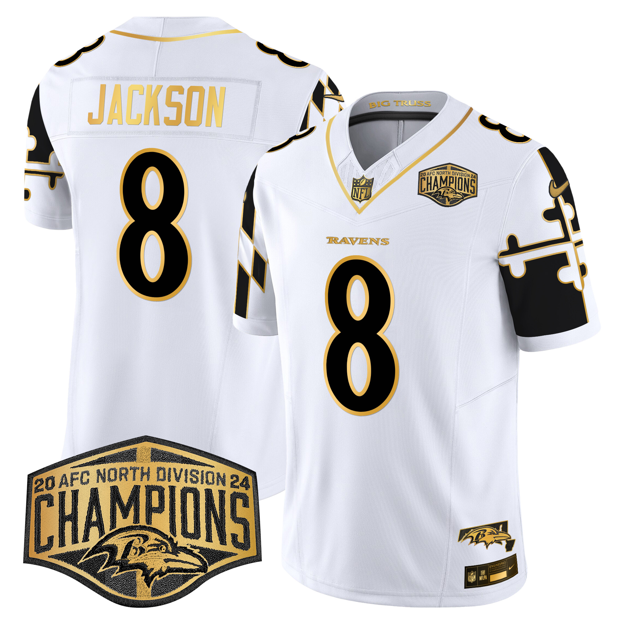 Men's Lamar Jackson Baltimore Ravens Maryland Flag Map 2024 AFC North Division Champions Patch Gold Vapor Limited White Gold Jersey - All Stitched