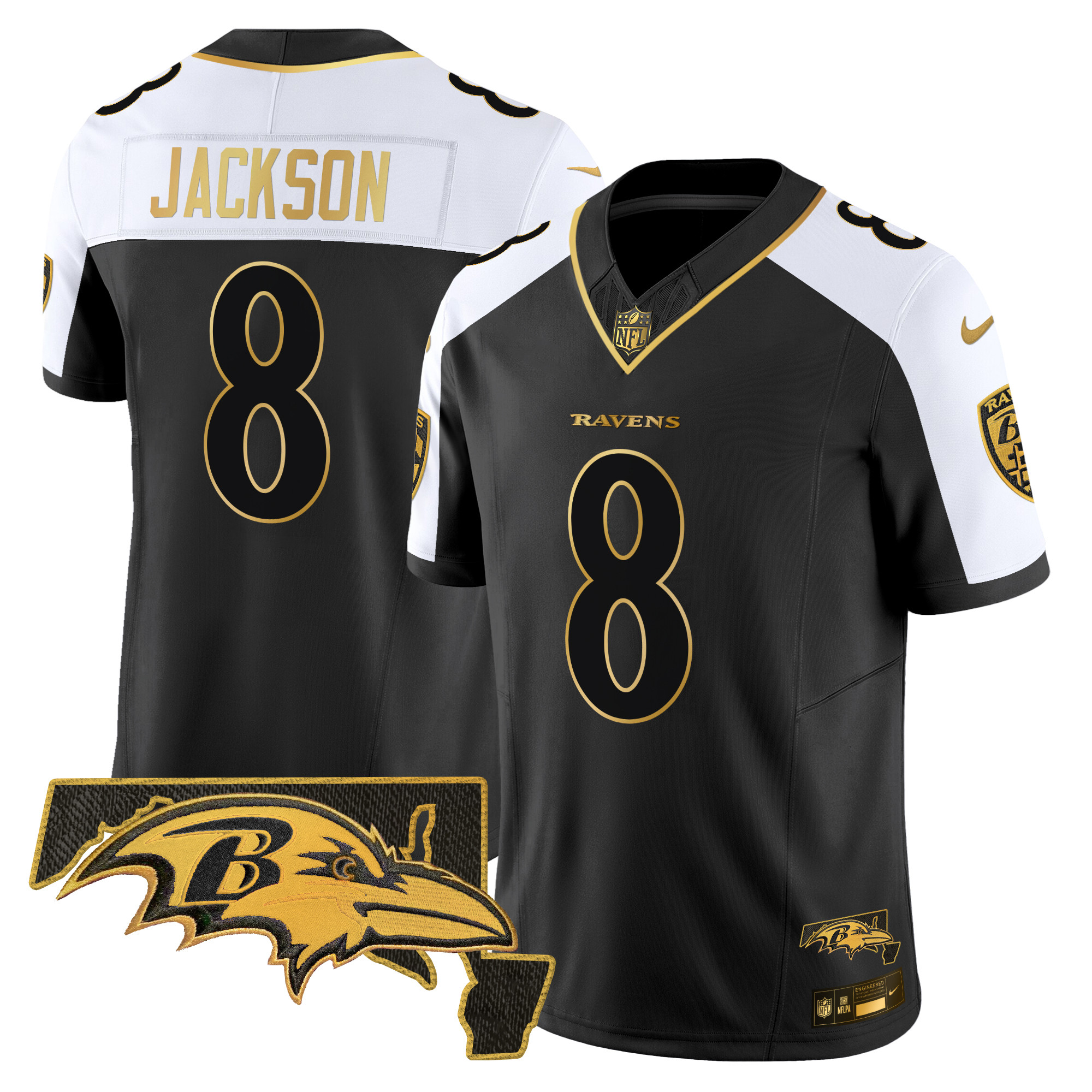 Men's Lamar Jackson Baltimore Ravens Maryland Flag Map Patch Gold Vapor Limited Alternate Jersey - All Stitched