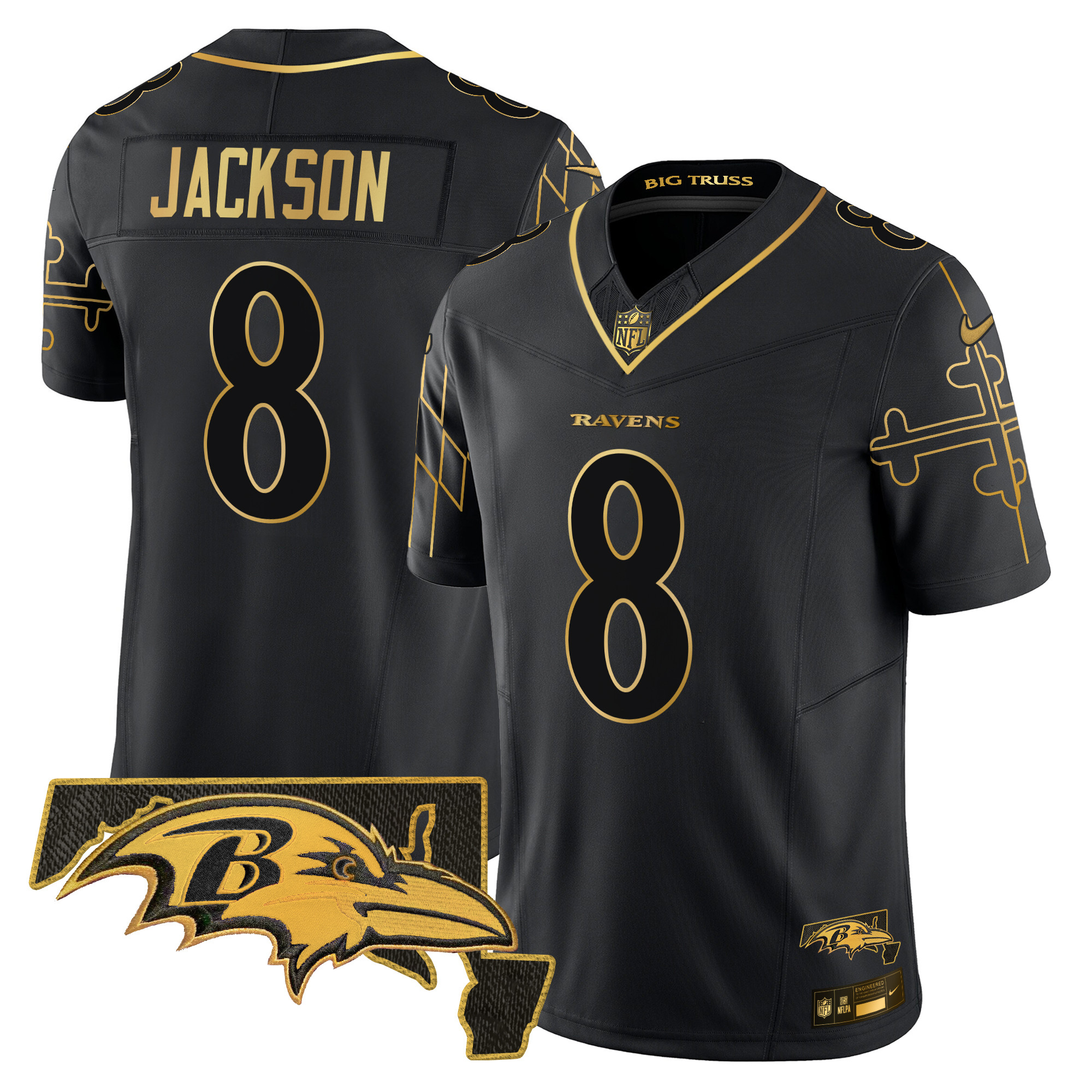 Men's Lamar Jackson Baltimore Ravens Maryland Flag Map Patch Gold Vapor Limited Black Gold Jersey - All Stitched