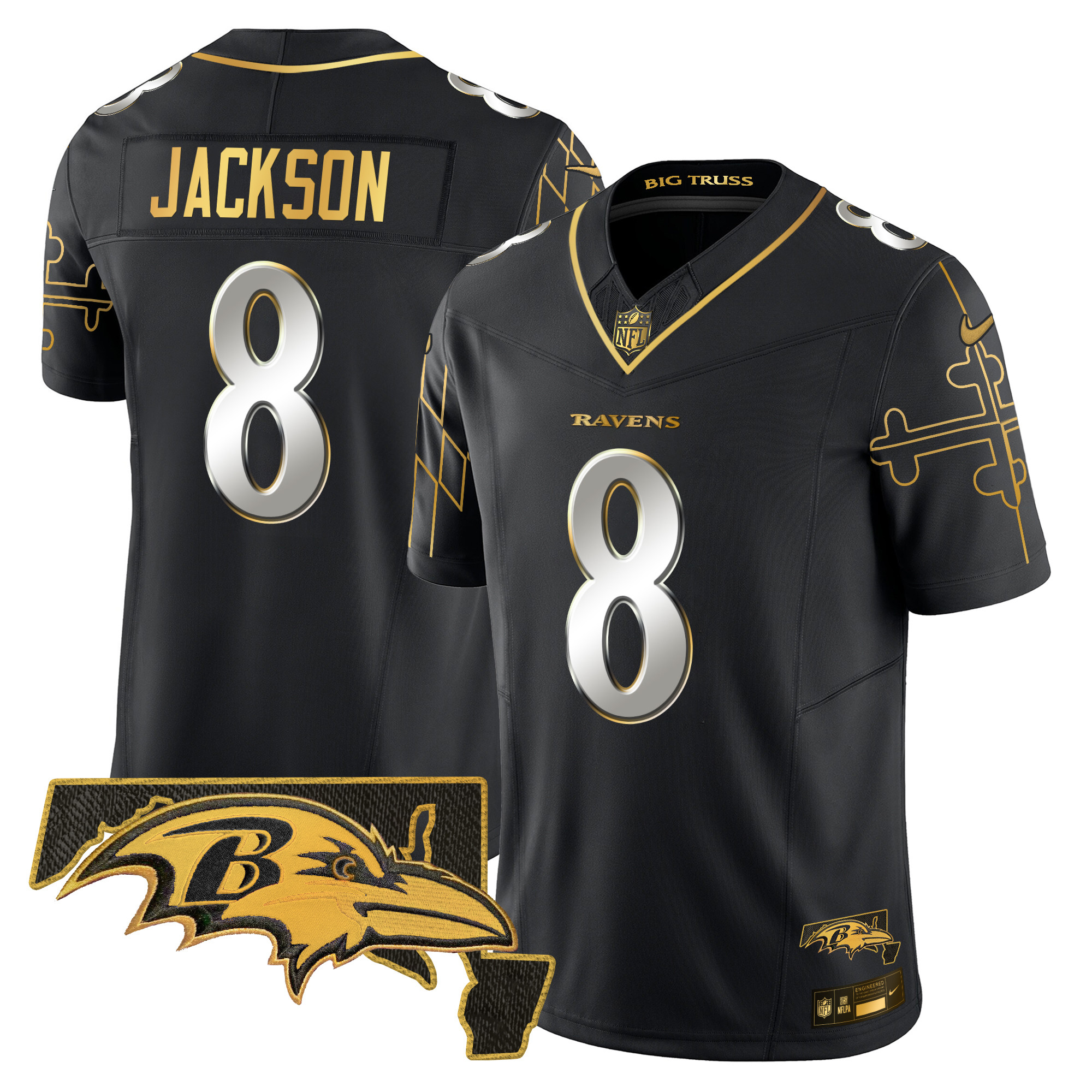 Men's Lamar Jackson Baltimore Ravens Maryland Flag Map Patch Gold Vapor Limited Black Limited Jersey - All Stitched