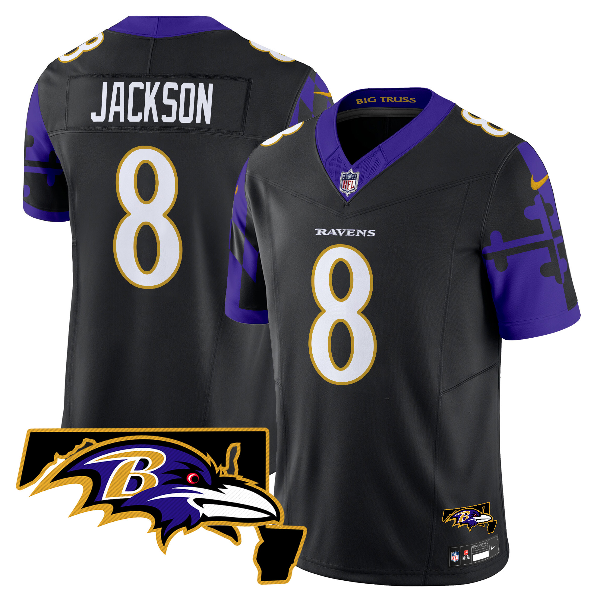 Men's Lamar Jackson Baltimore Ravens Maryland Flag Map Patch Vapor Limited Black Jersey - All Stitched